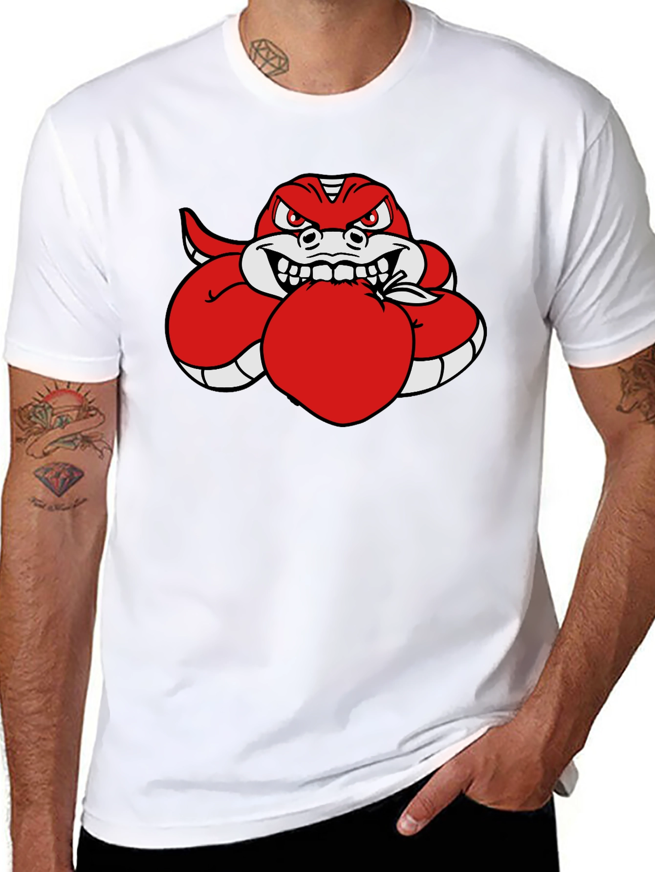 Red Snake Eating Apple Black T-Shirt
