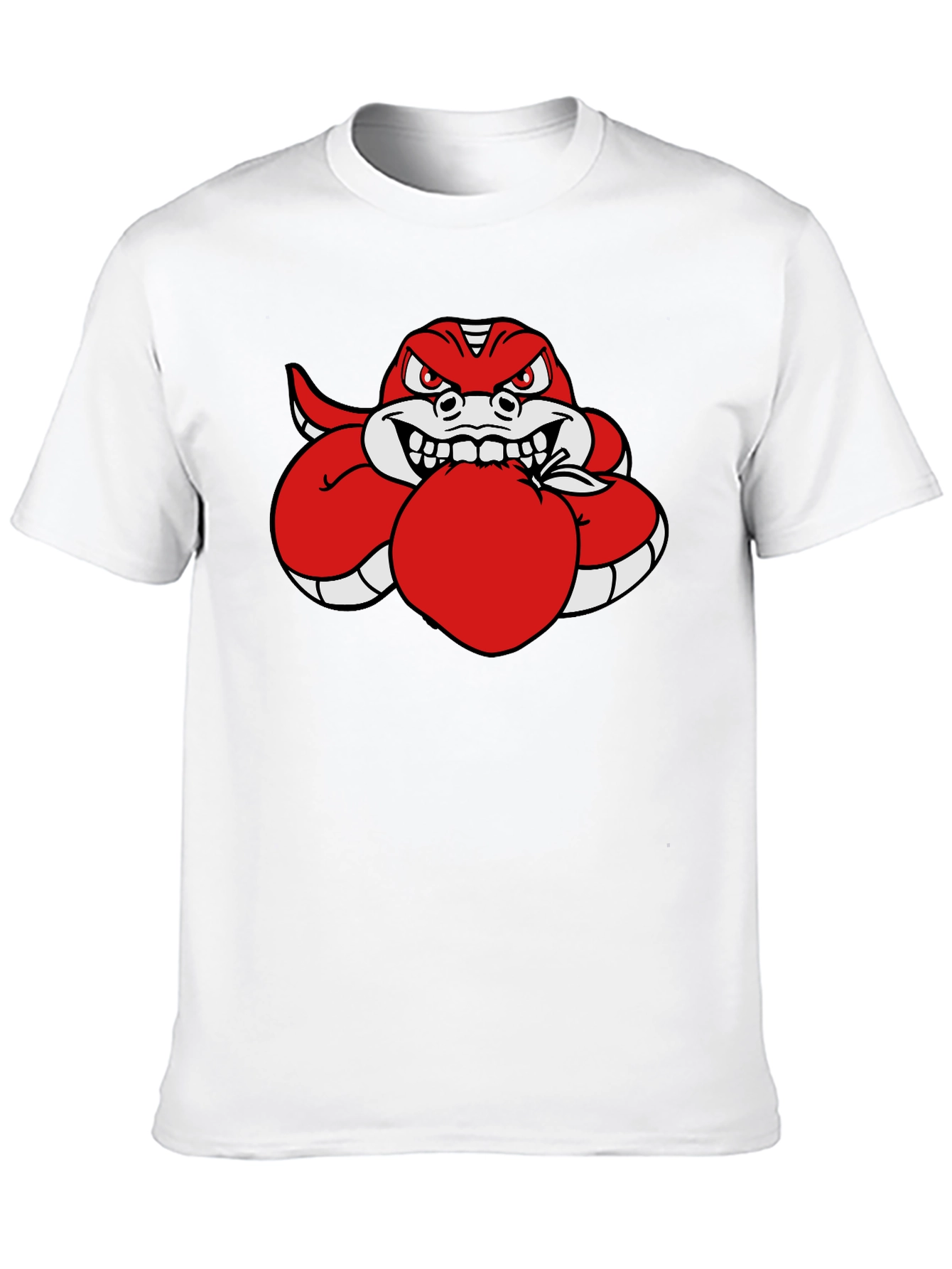 Red Snake Eating Apple Black T-Shirt