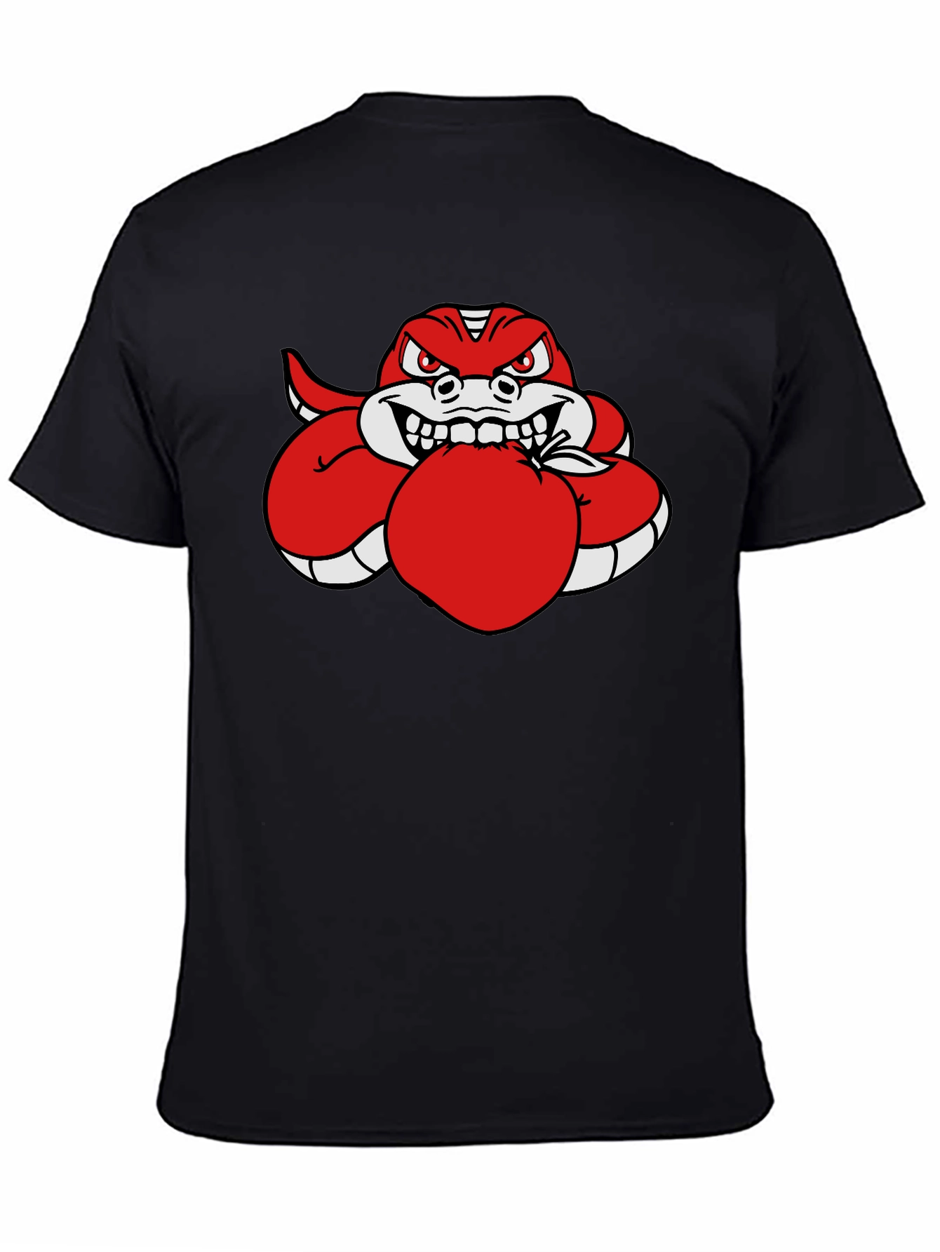 Red Snake Eating Apple Black T-Shirt