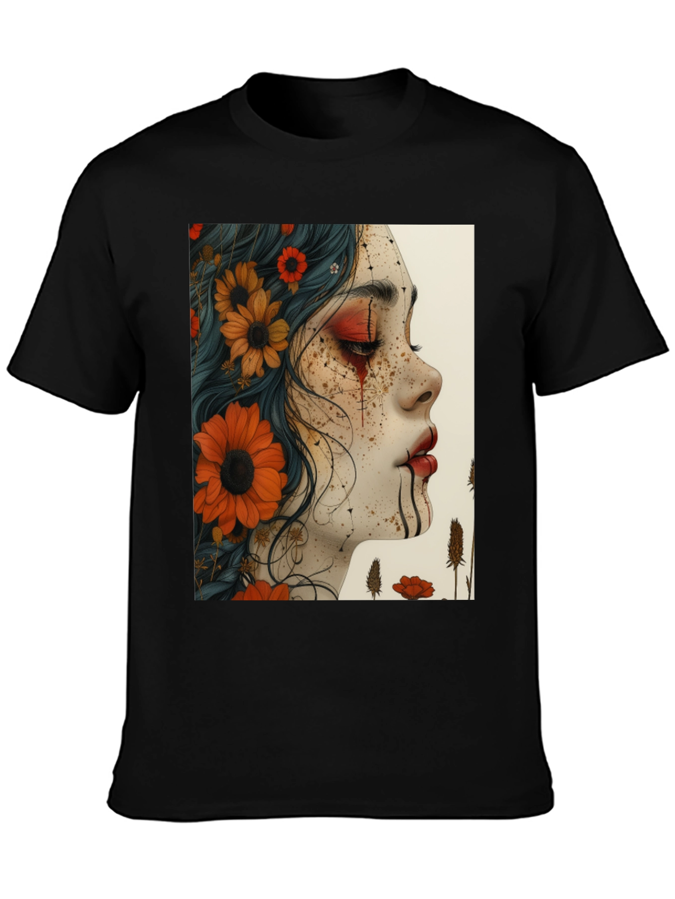 Floral Woman Graphic Black T-Shirt