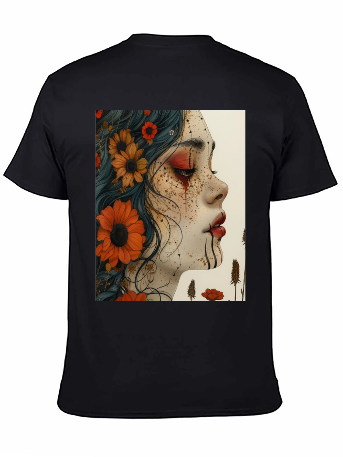 Floral Woman Graphic Black T-Shirt
