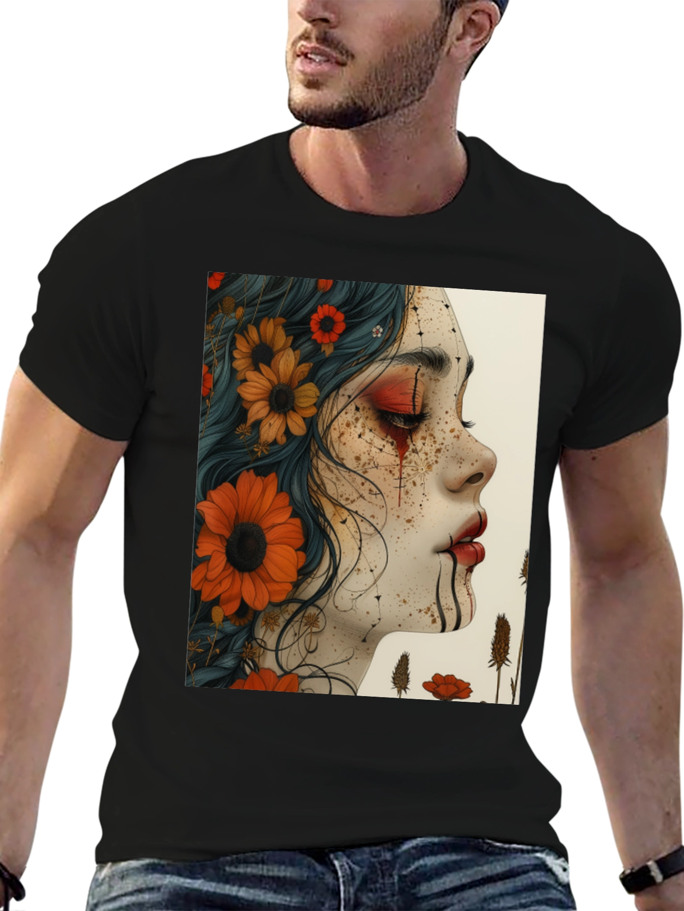 Floral Woman Graphic Black T-Shirt