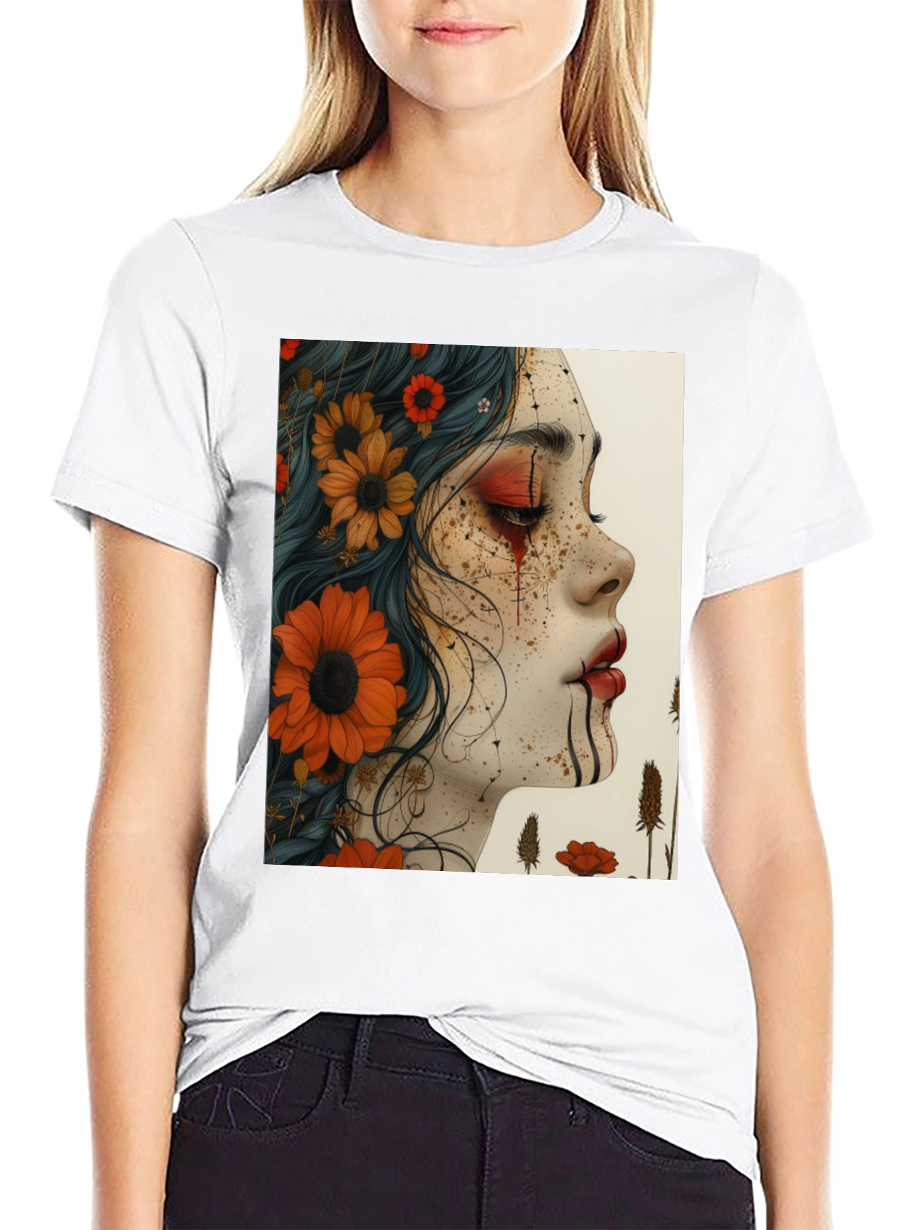 Floral Woman Graphic Black T-Shirt