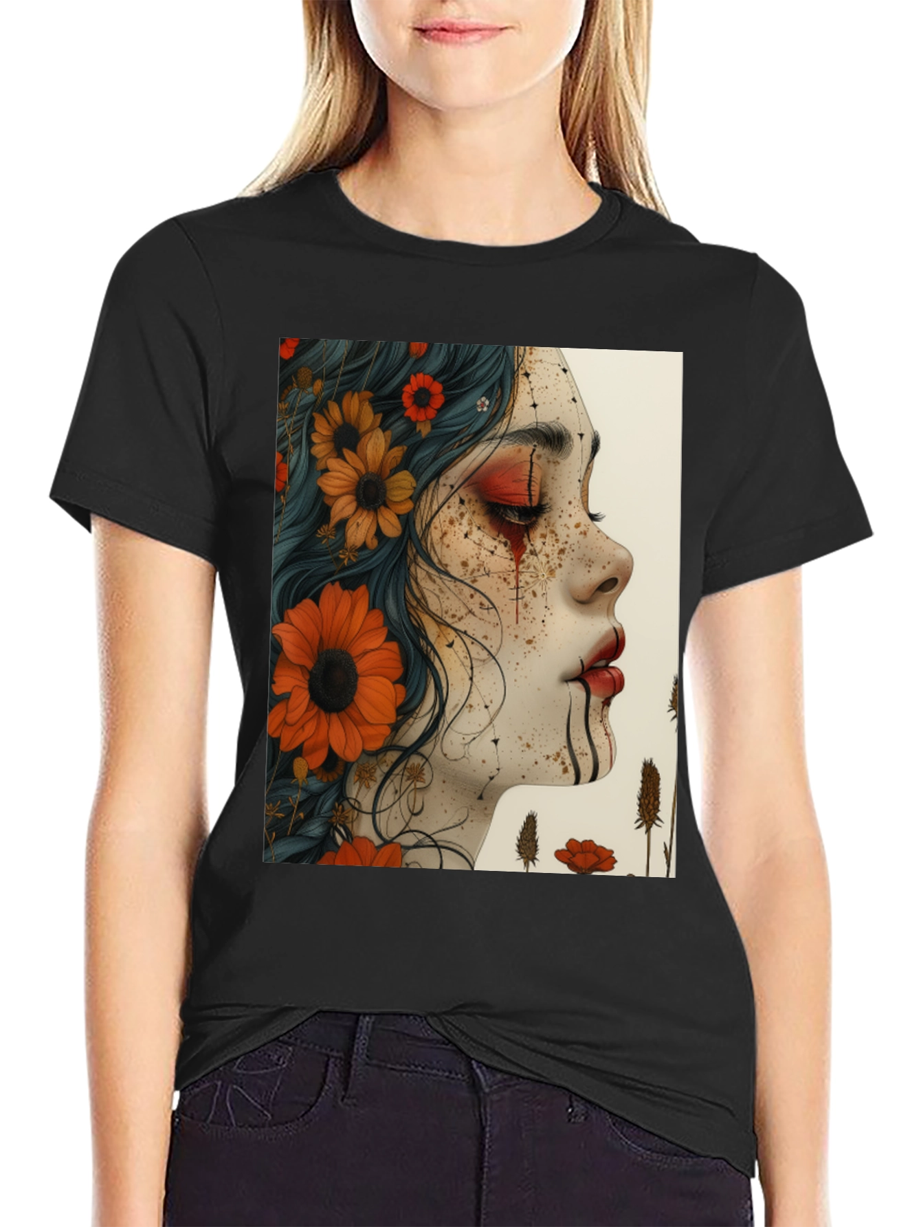 Floral Woman Graphic Black T-Shirt