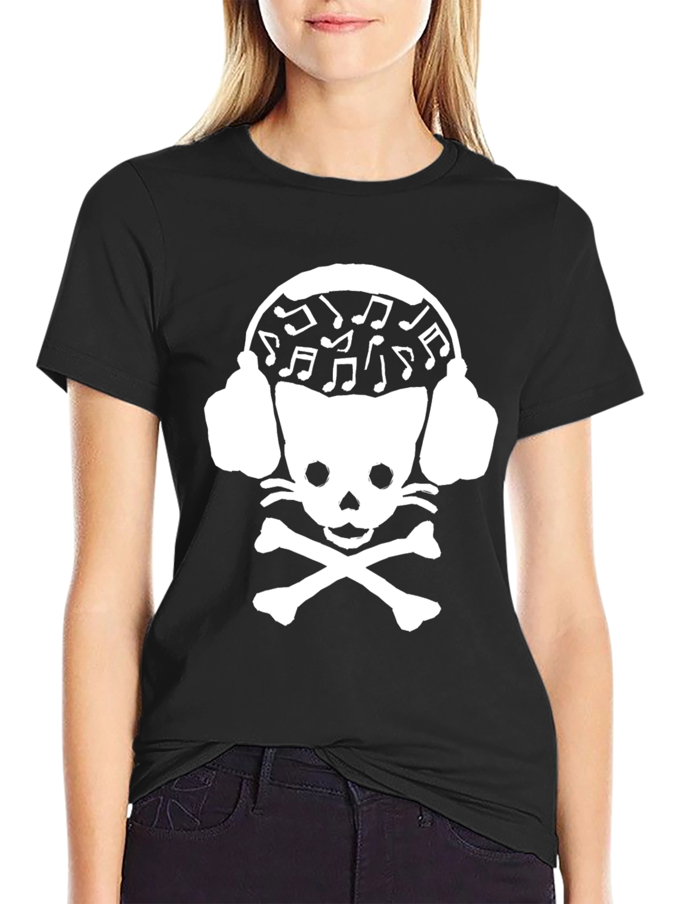 Skull Cat DJ Graphic Tee - Black Cotton T-Shirt