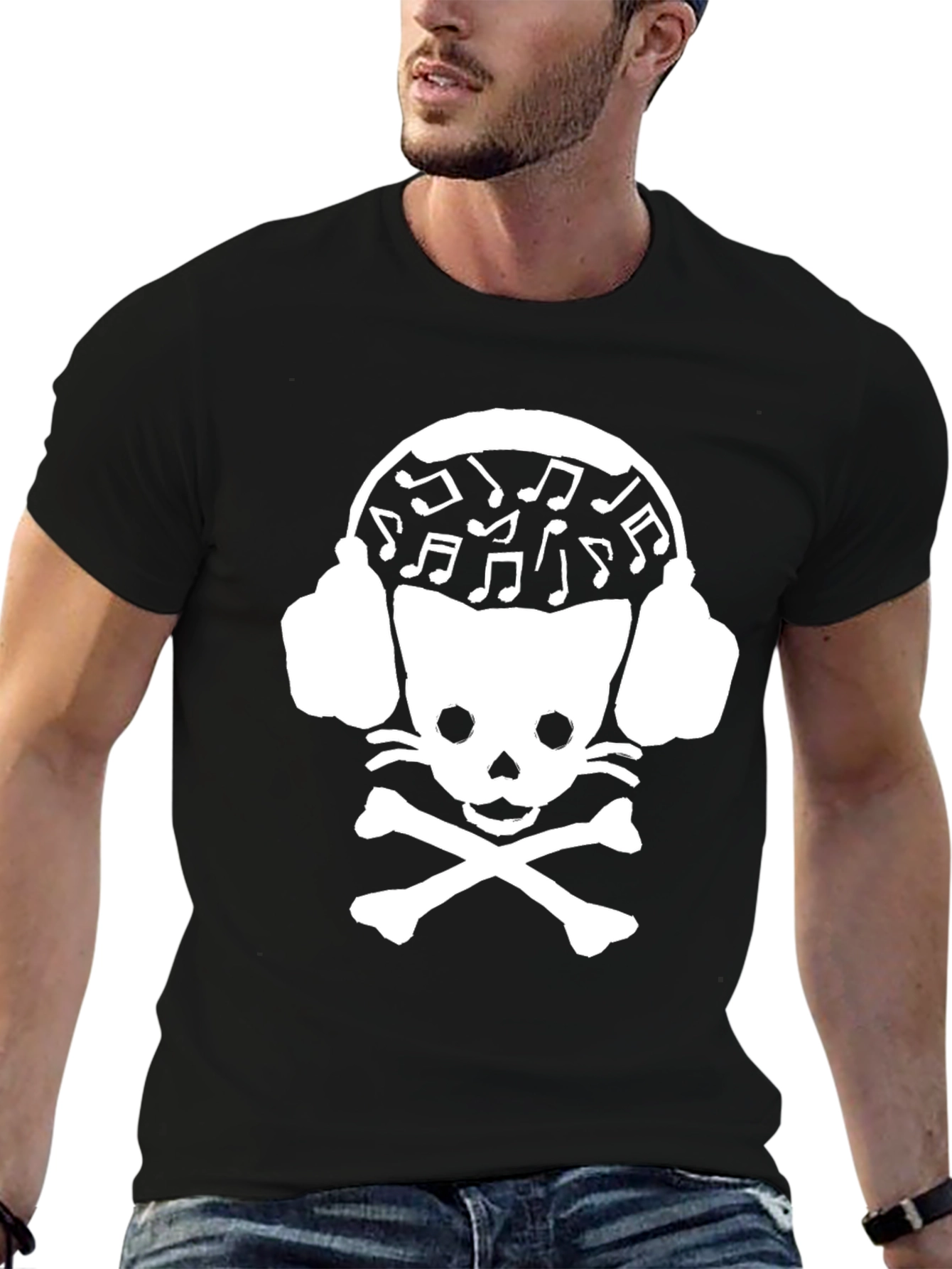 Skull Cat DJ Graphic Tee - Black Cotton T-Shirt