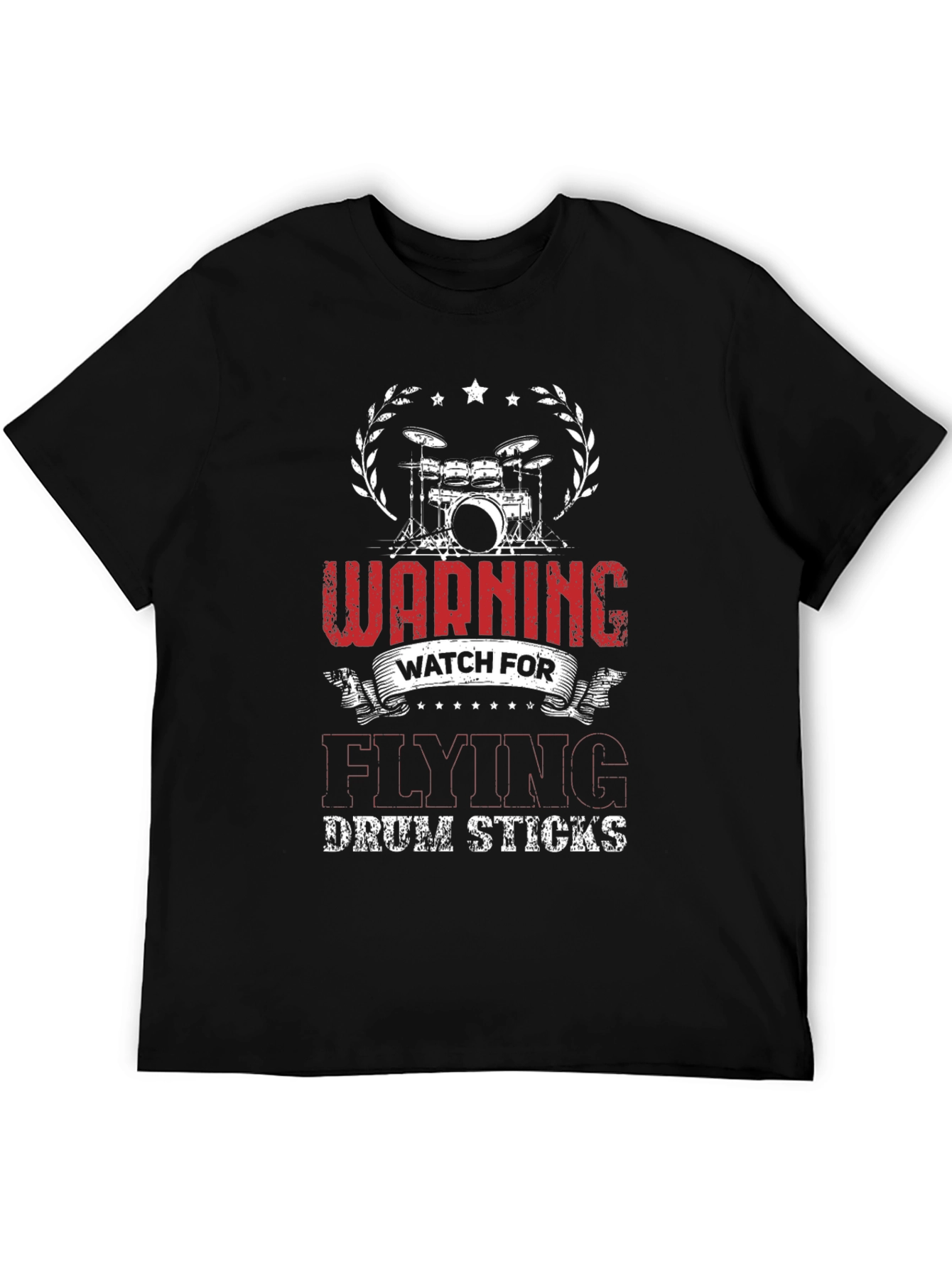 Warning Flying Drum Sticks Black T-Shirt
