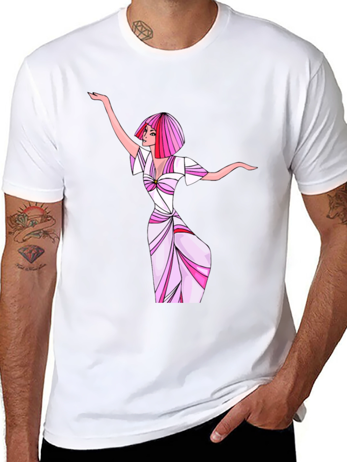 Woman in Dress T-Shirt - Pink & White Design