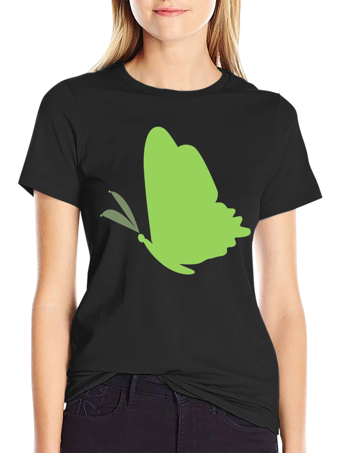 Green Butterfly Black T-Shirt