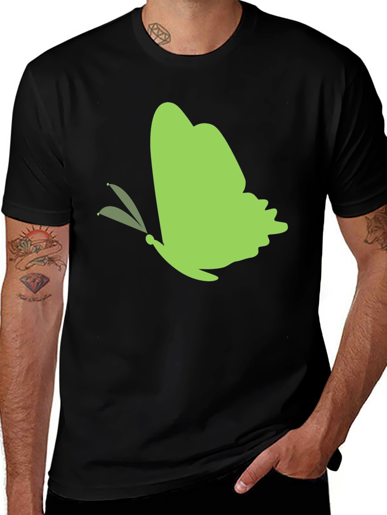 Green Butterfly Black T-Shirt