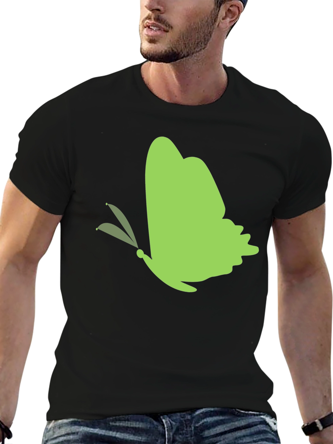 Green Butterfly Black T-Shirt