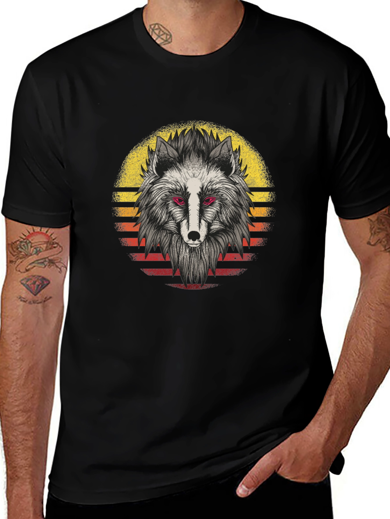 Wolf Sunset Graphic Tee - Black Cotton Shirt
