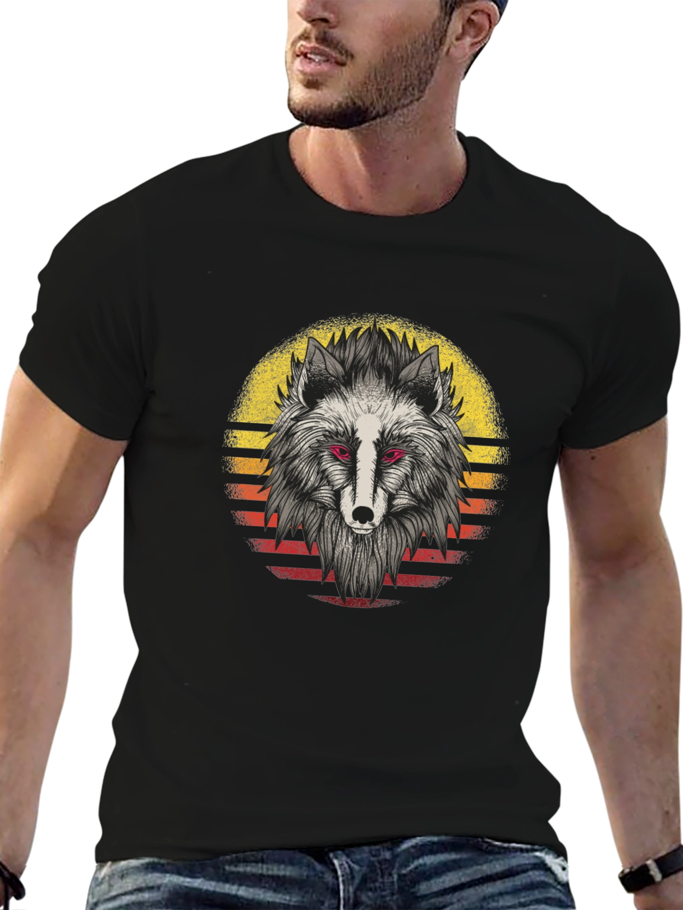 Wolf Sunset Graphic Tee - Black Cotton Shirt