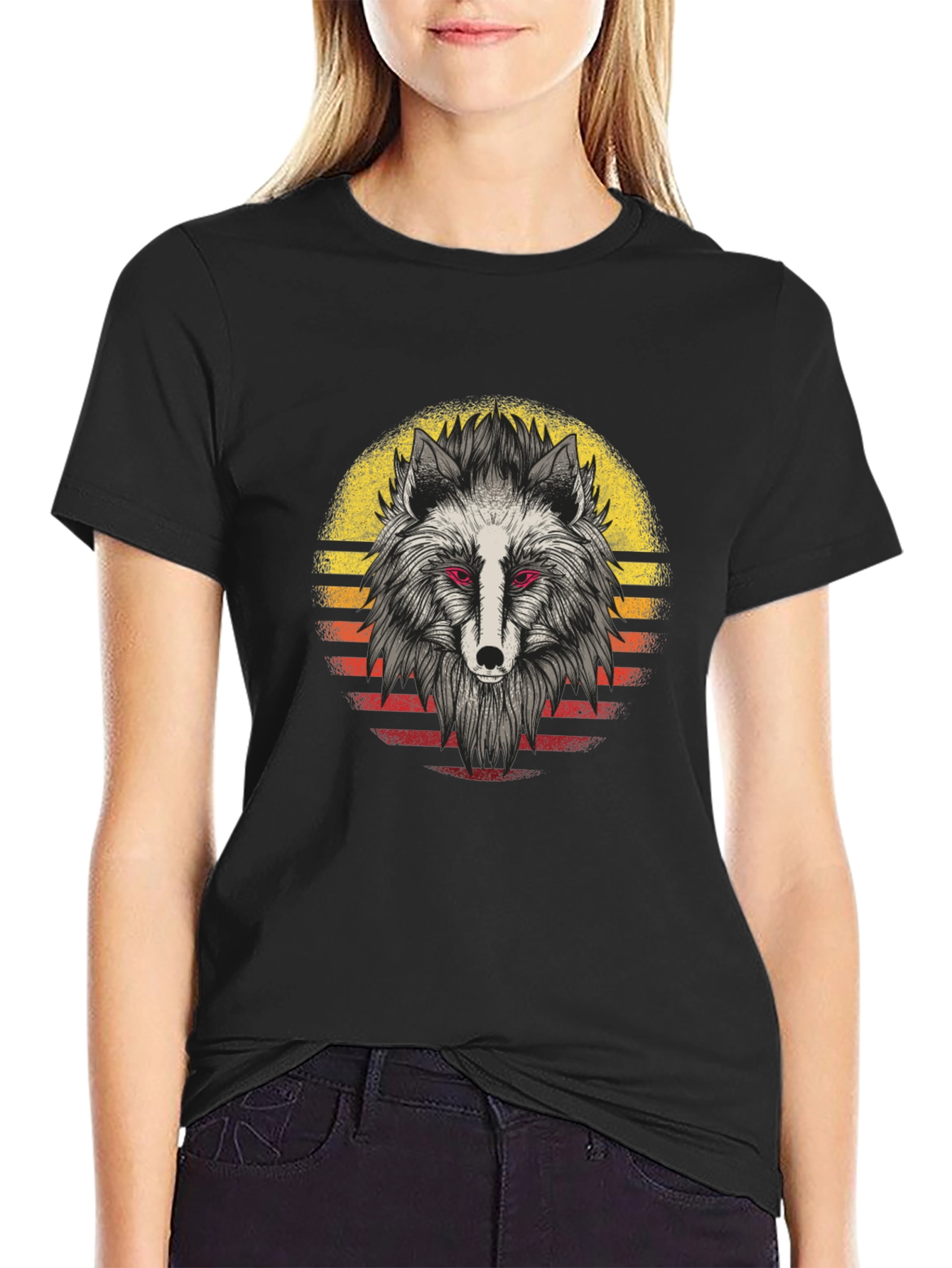 Wolf Sunset Graphic Tee - Black Cotton Shirt