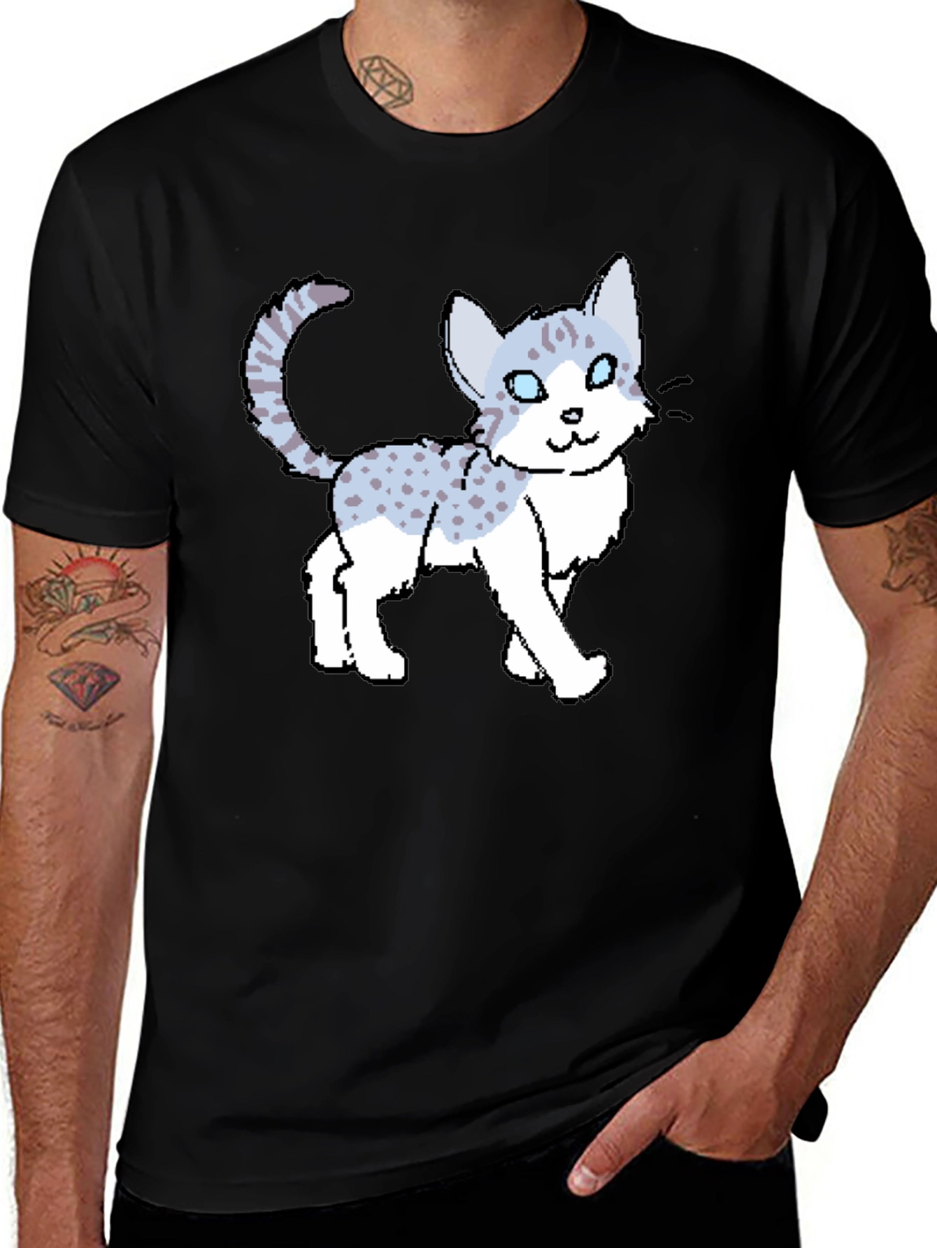 Cartoon Cat Print Black T-Shirt