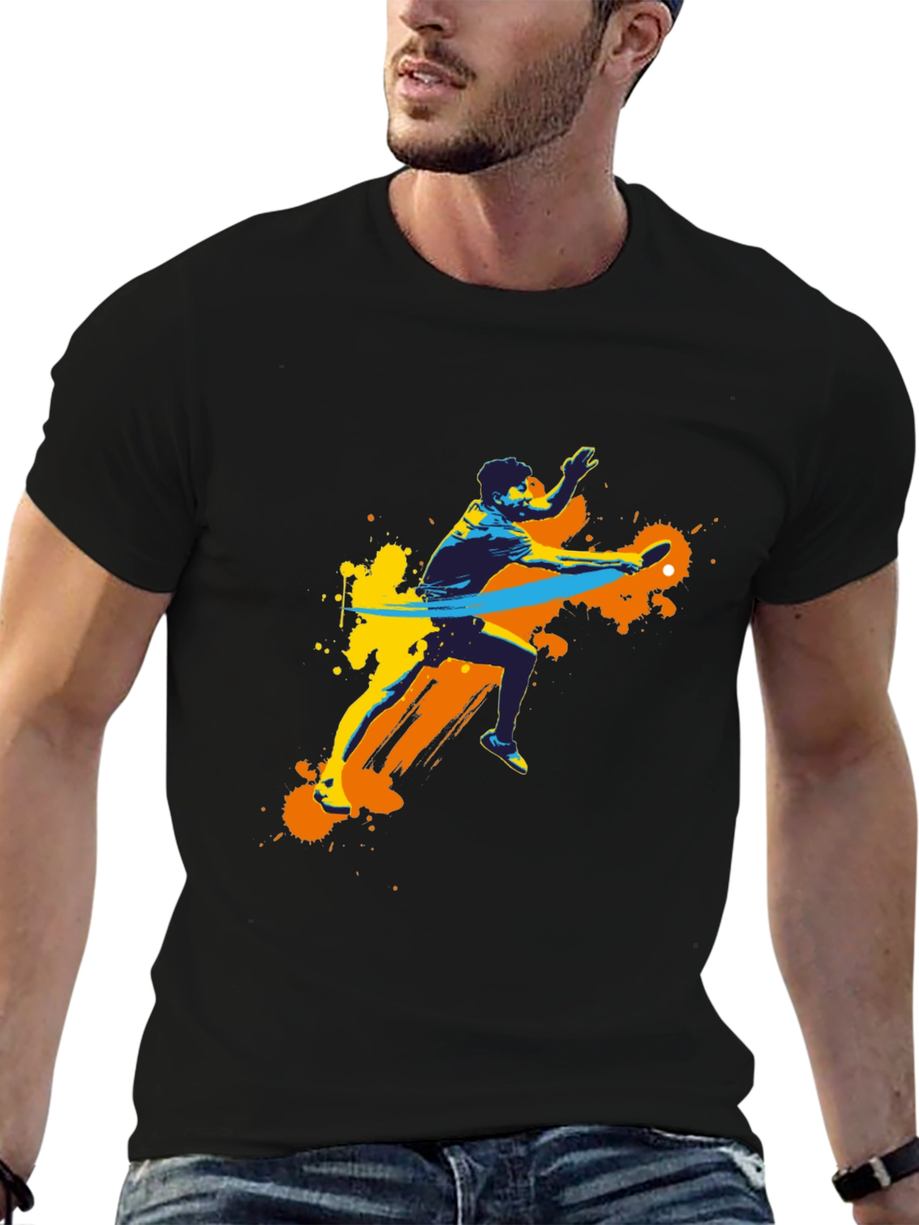 Stylish Black Tee with Table Tennis Graphic