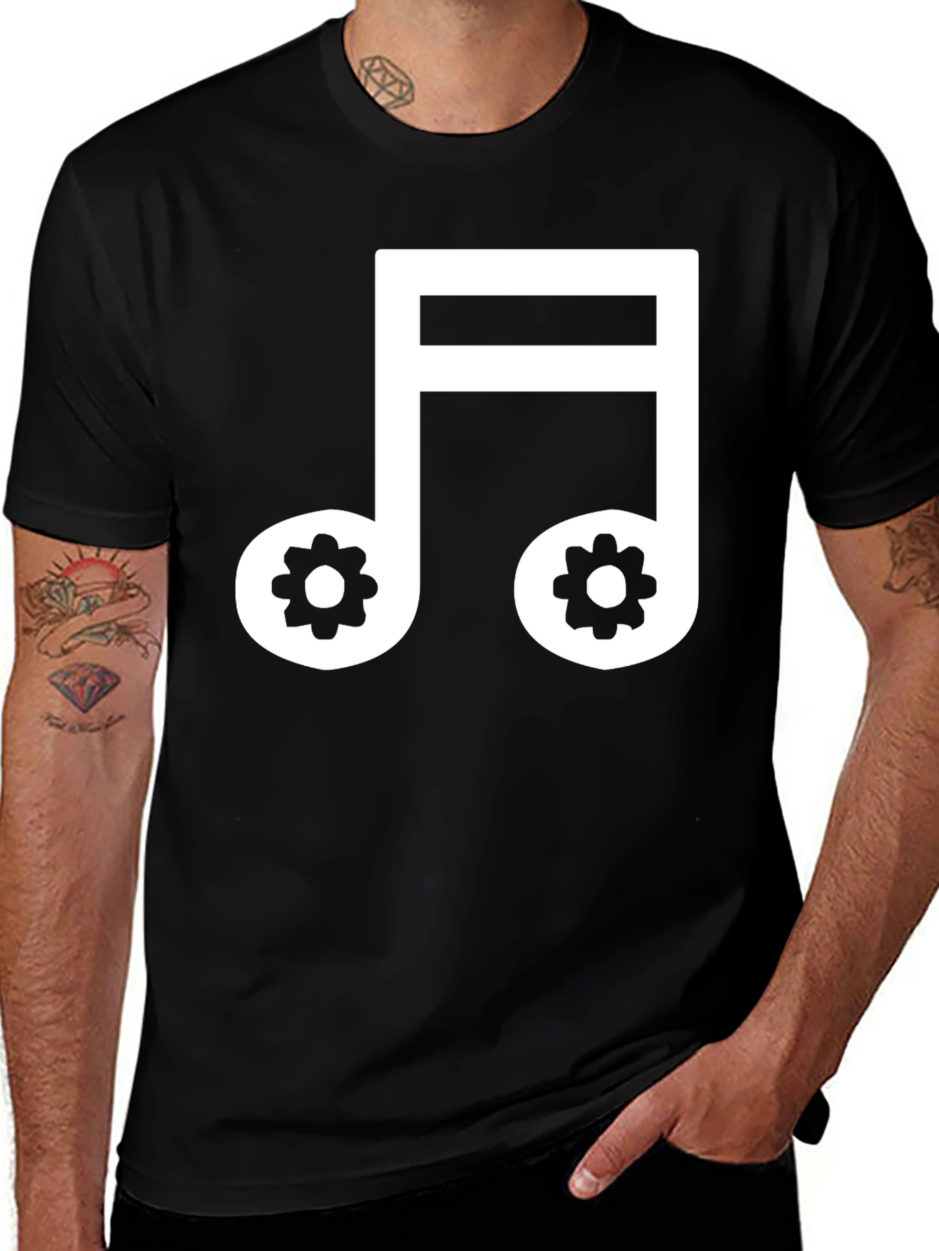 Music Note with Gear Design Black T-Shirt