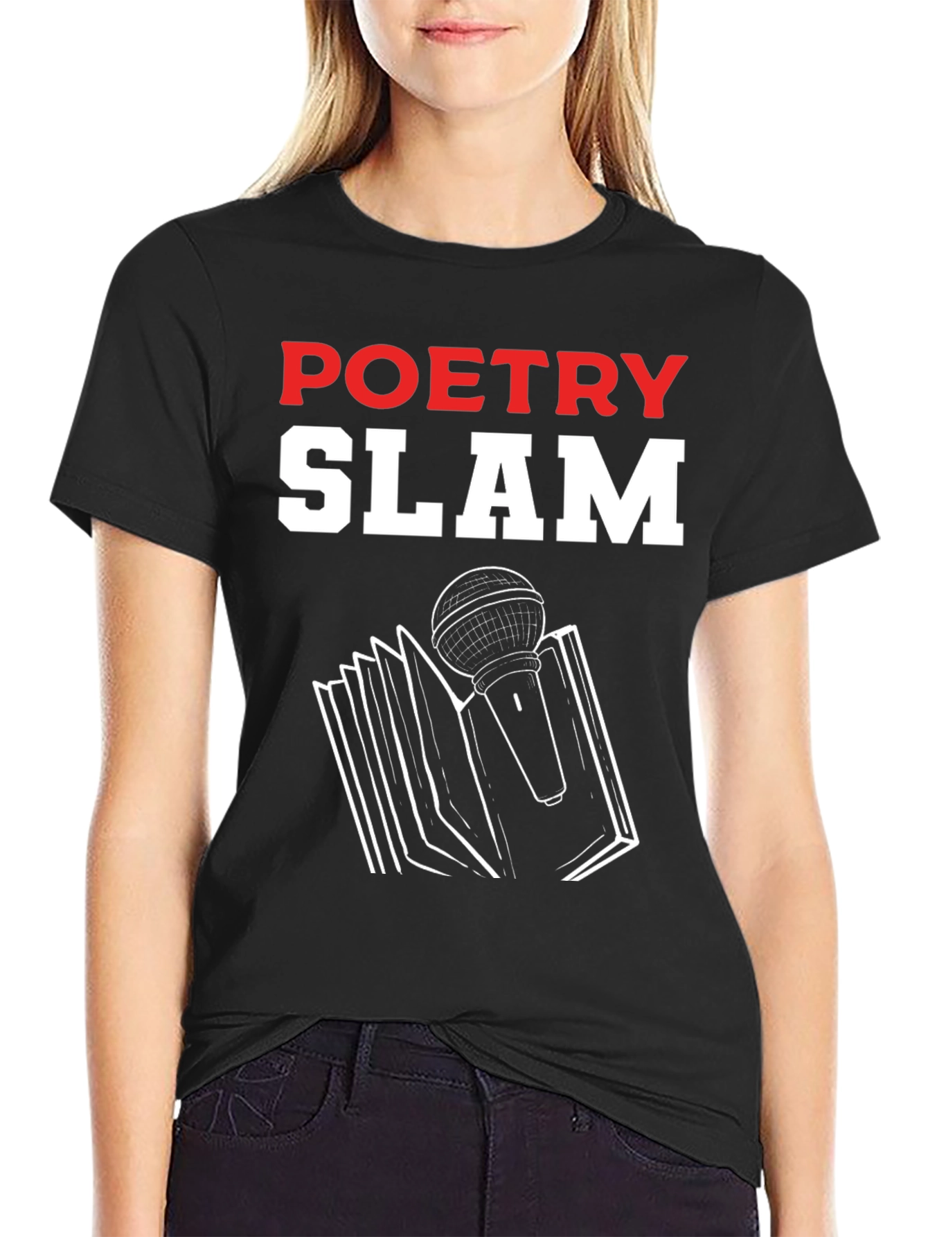 Poetry Slam Graphic T-Shirt - Book & Microphone Design