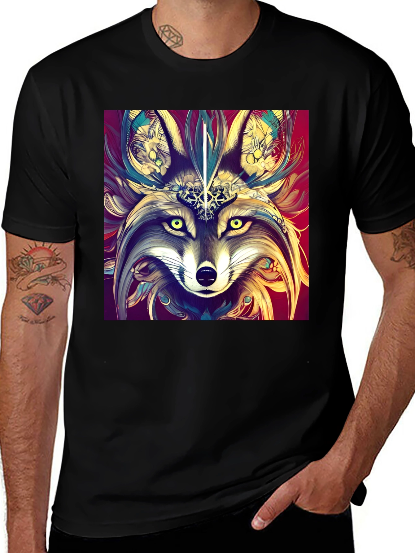 Artistic Wolf Graphic Black T-Shirt