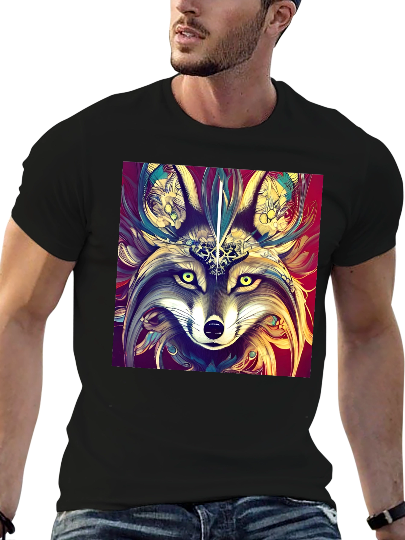 Artistic Wolf Graphic Black T-Shirt