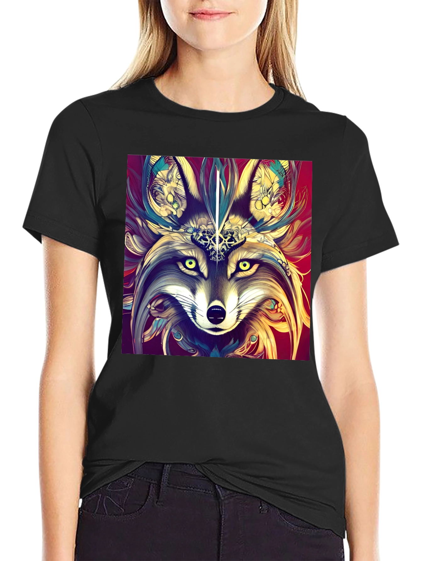 Artistic Wolf Graphic Black T-Shirt
