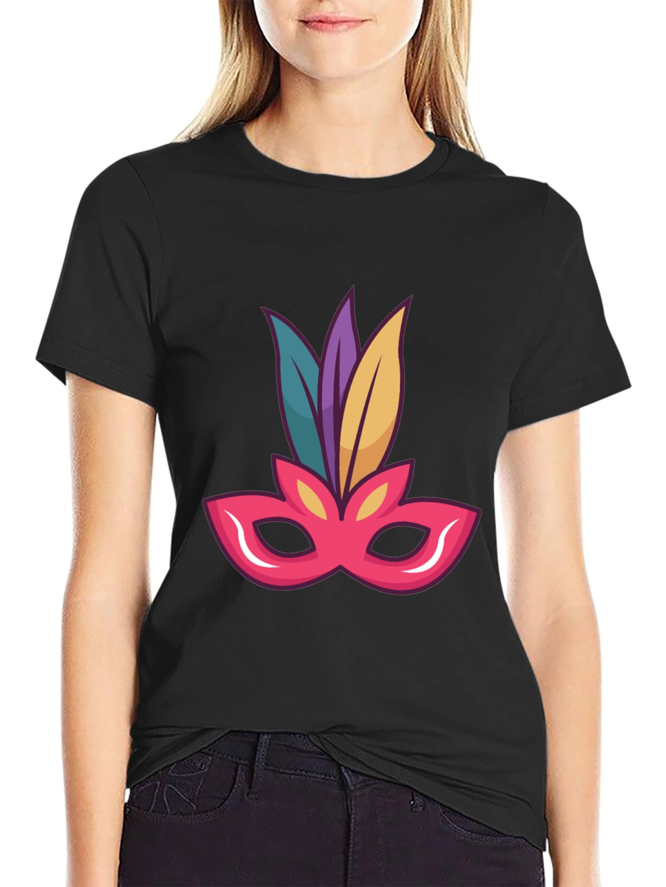 Black T-Shirt with Mardi Gras Mask Graphic