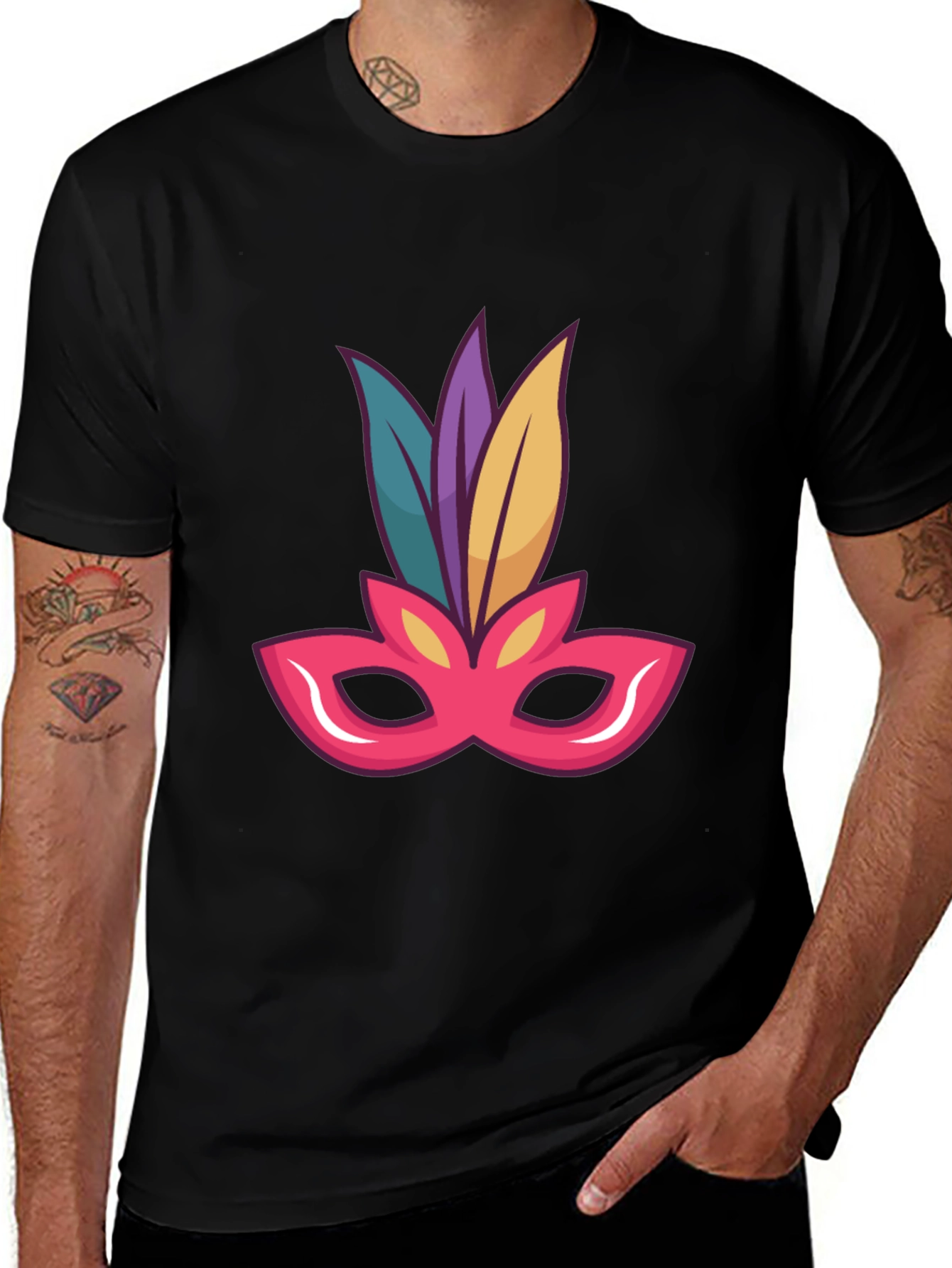 Black T-Shirt with Mardi Gras Mask Graphic