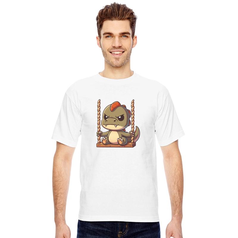 Grumpy T-Rex on swing annoyed offended