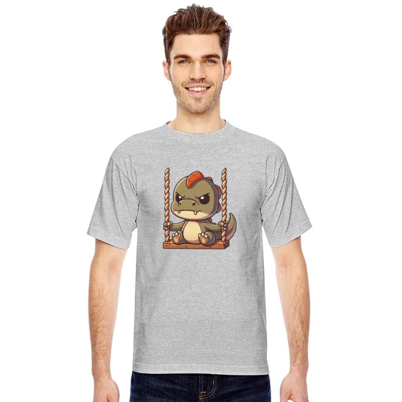 Grumpy T-Rex on swing annoyed offended
