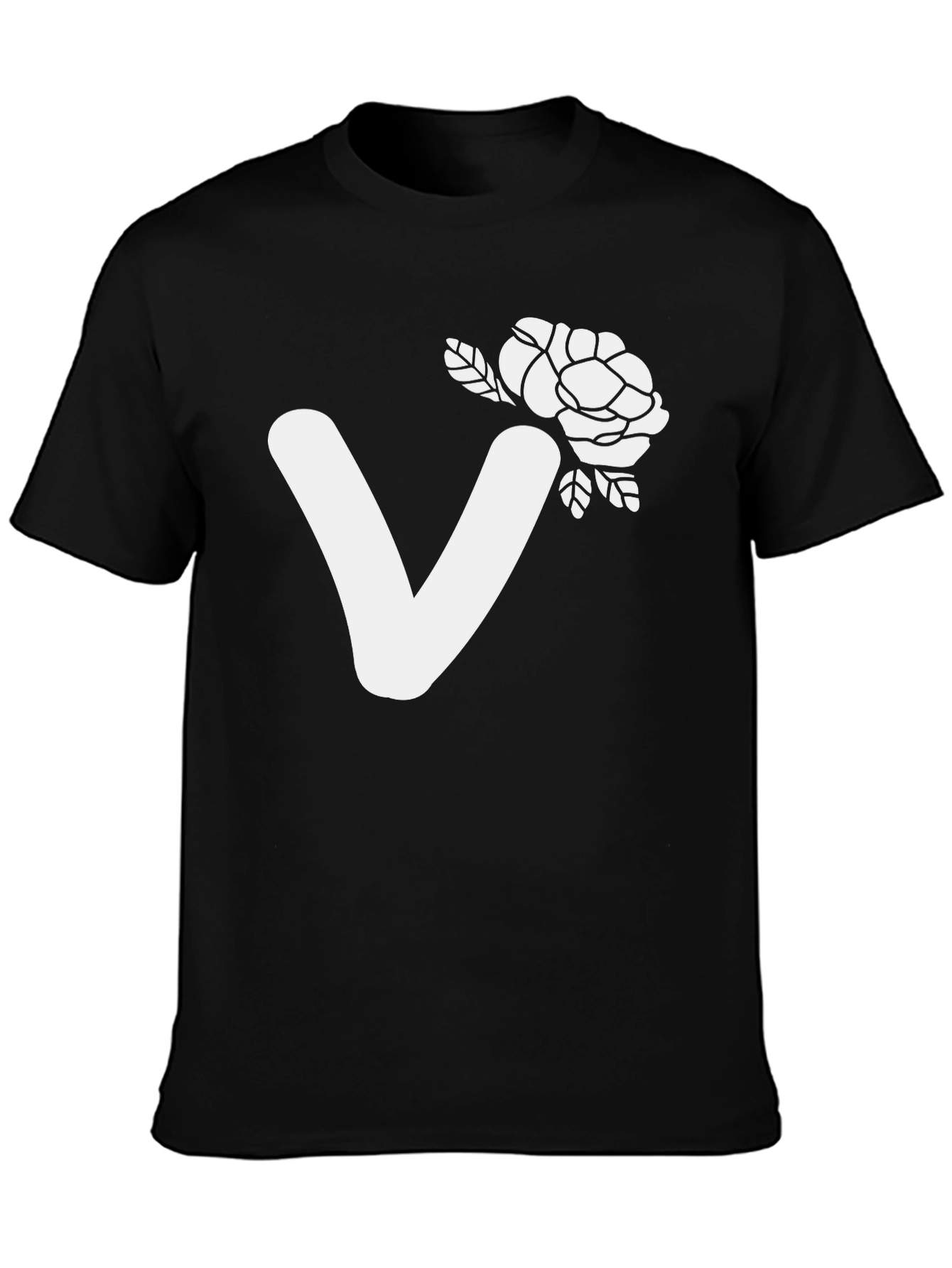 Black T-Shirt with White V and Floral Design