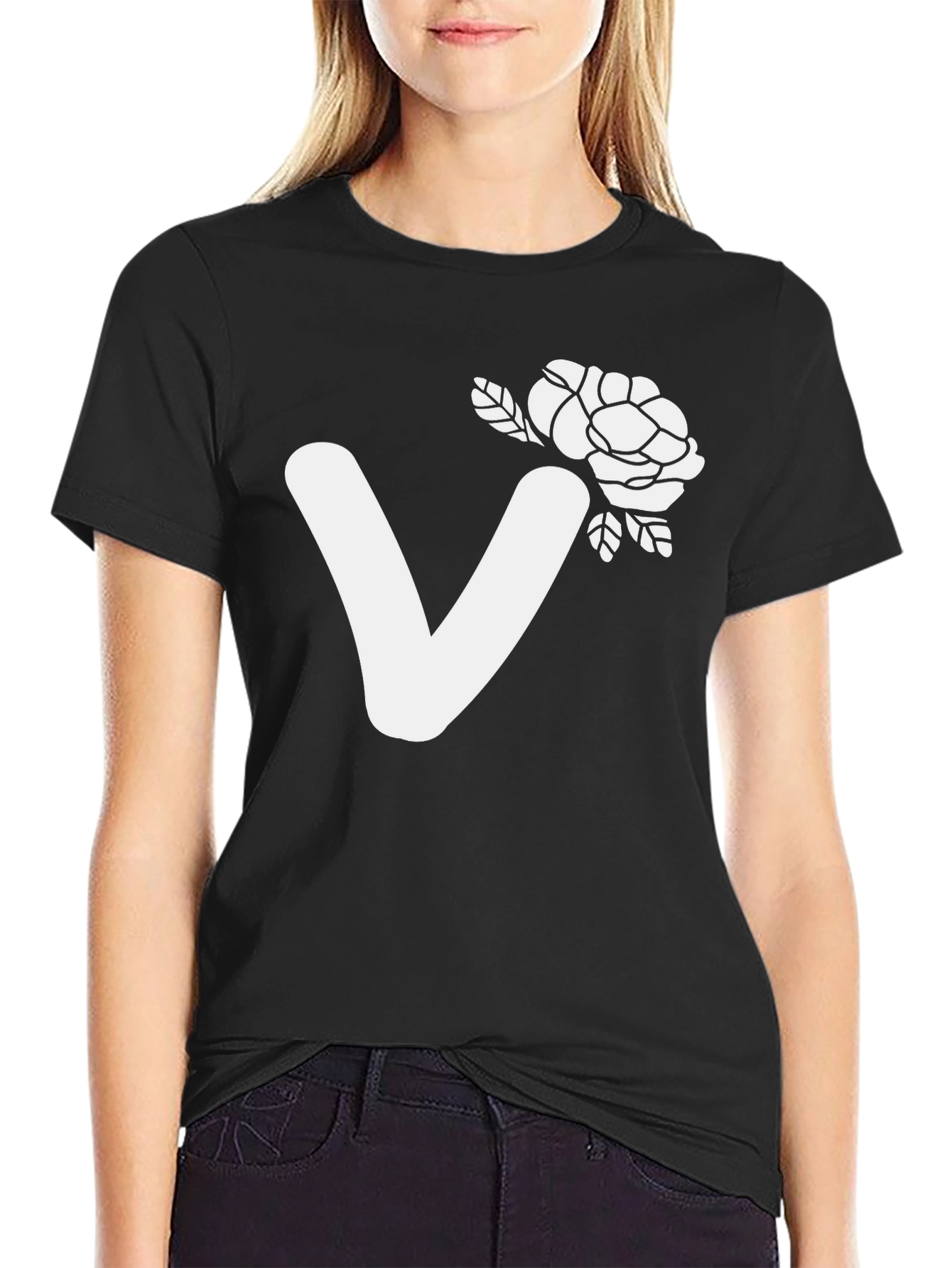Black T-Shirt with White V and Floral Design