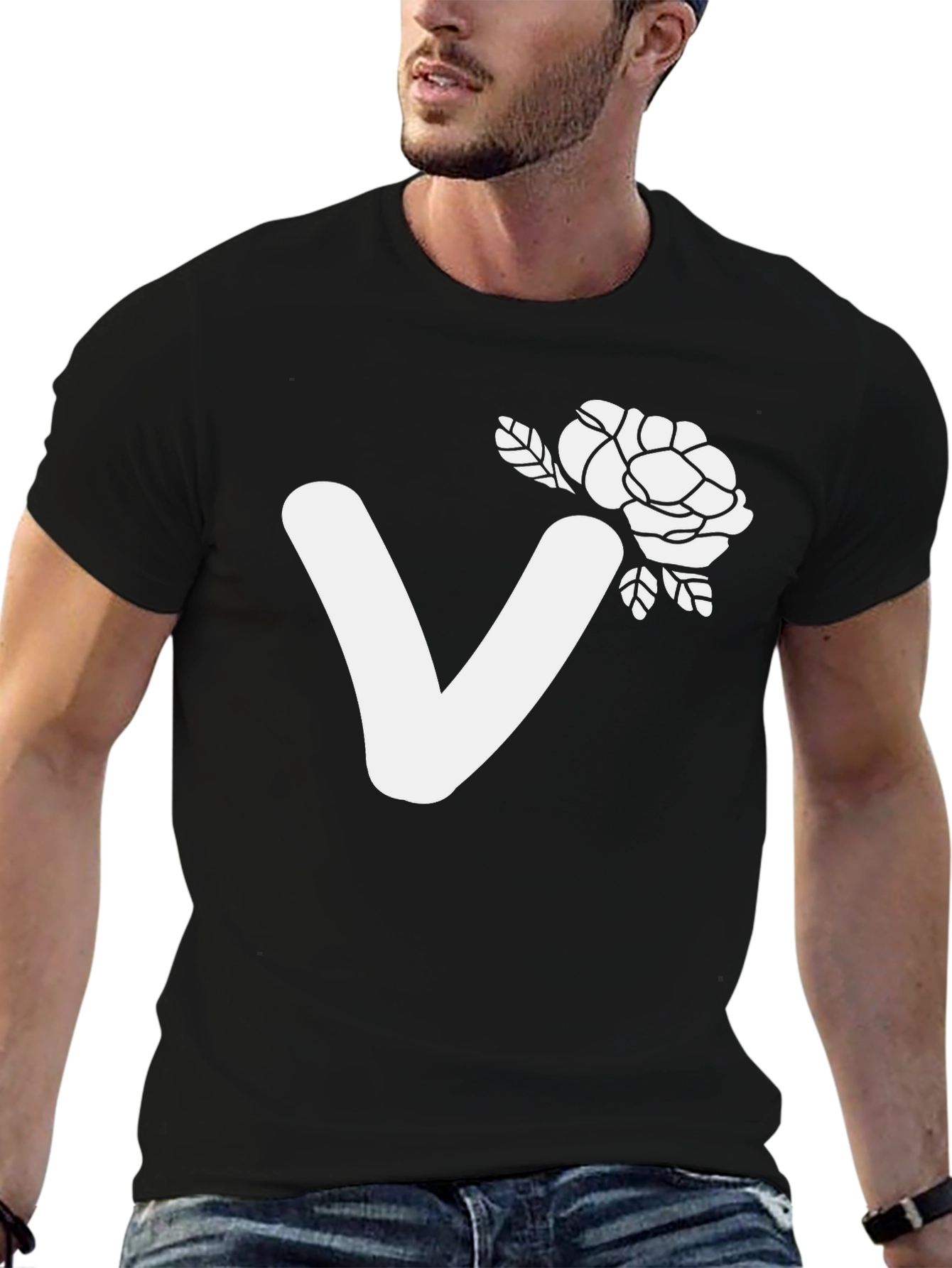 Black T-Shirt with White V and Floral Design