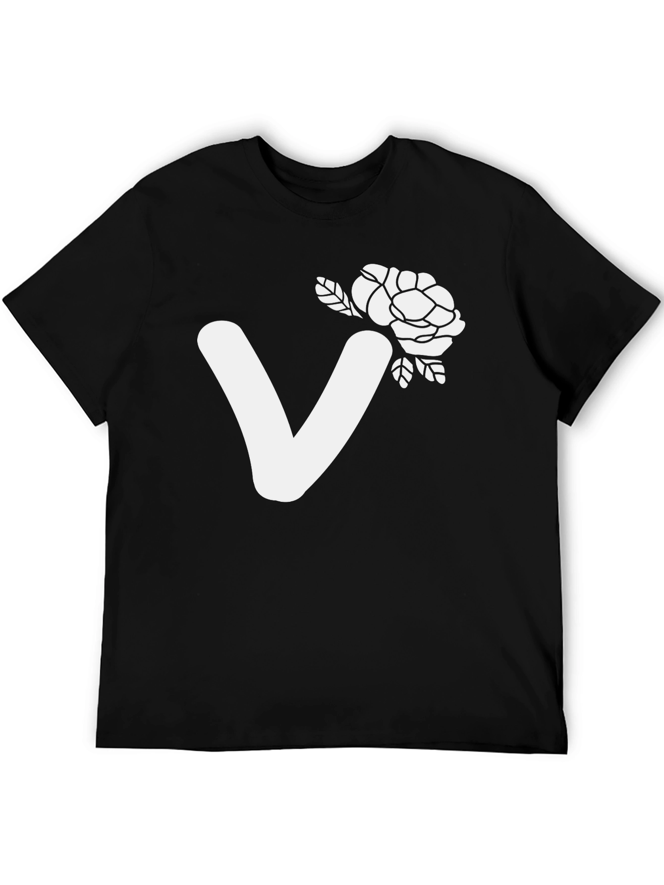 Black T-Shirt with White V and Floral Design