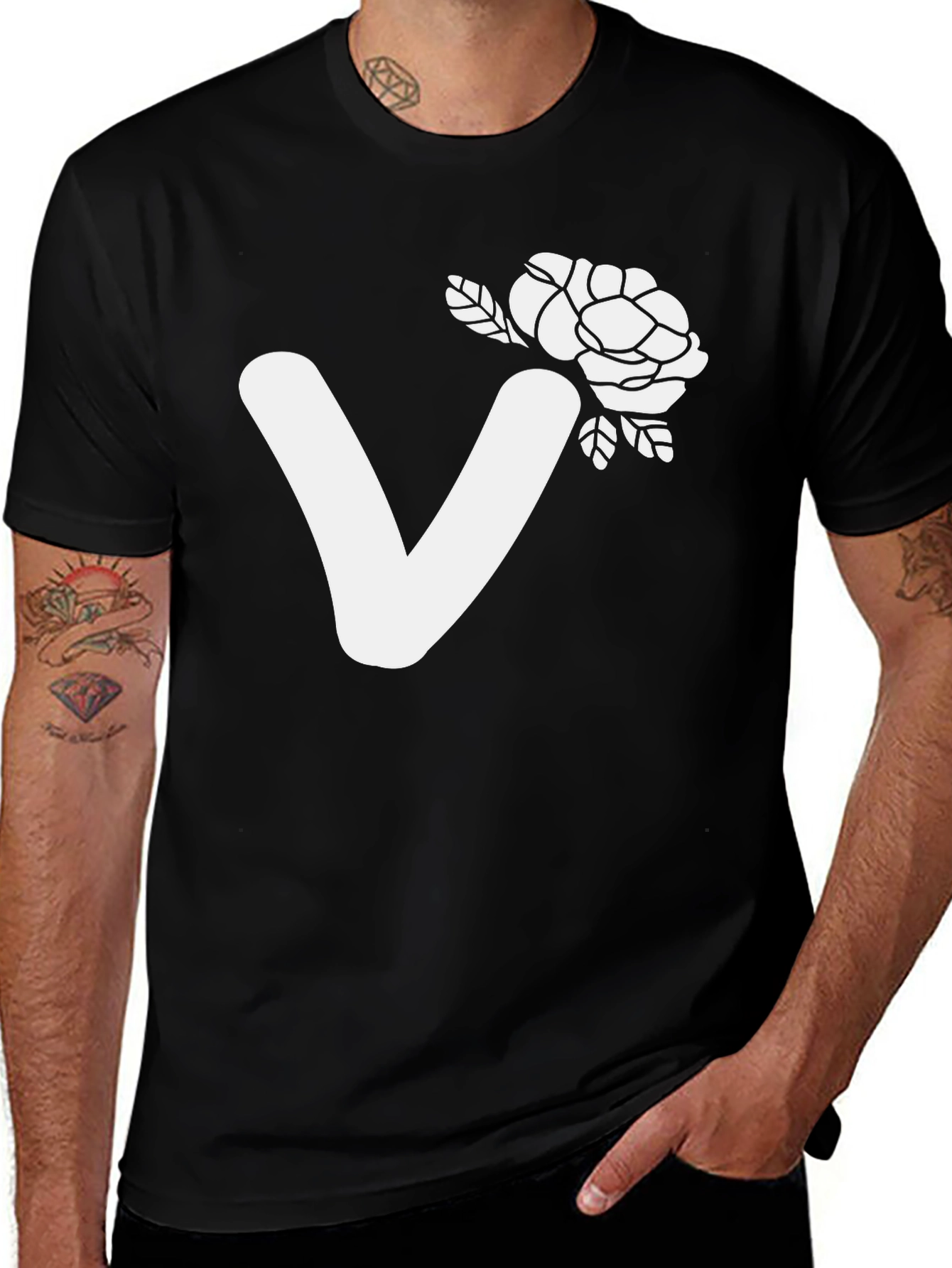 Black T-Shirt with White V and Floral Design