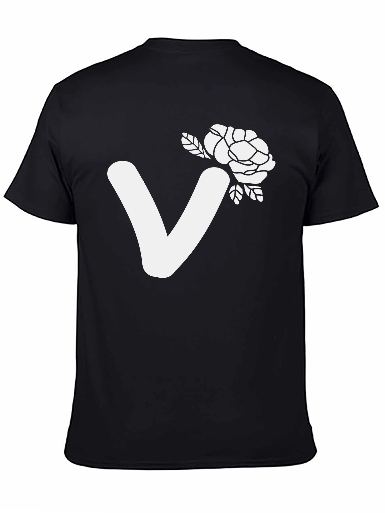 Black T-Shirt with White V and Floral Design