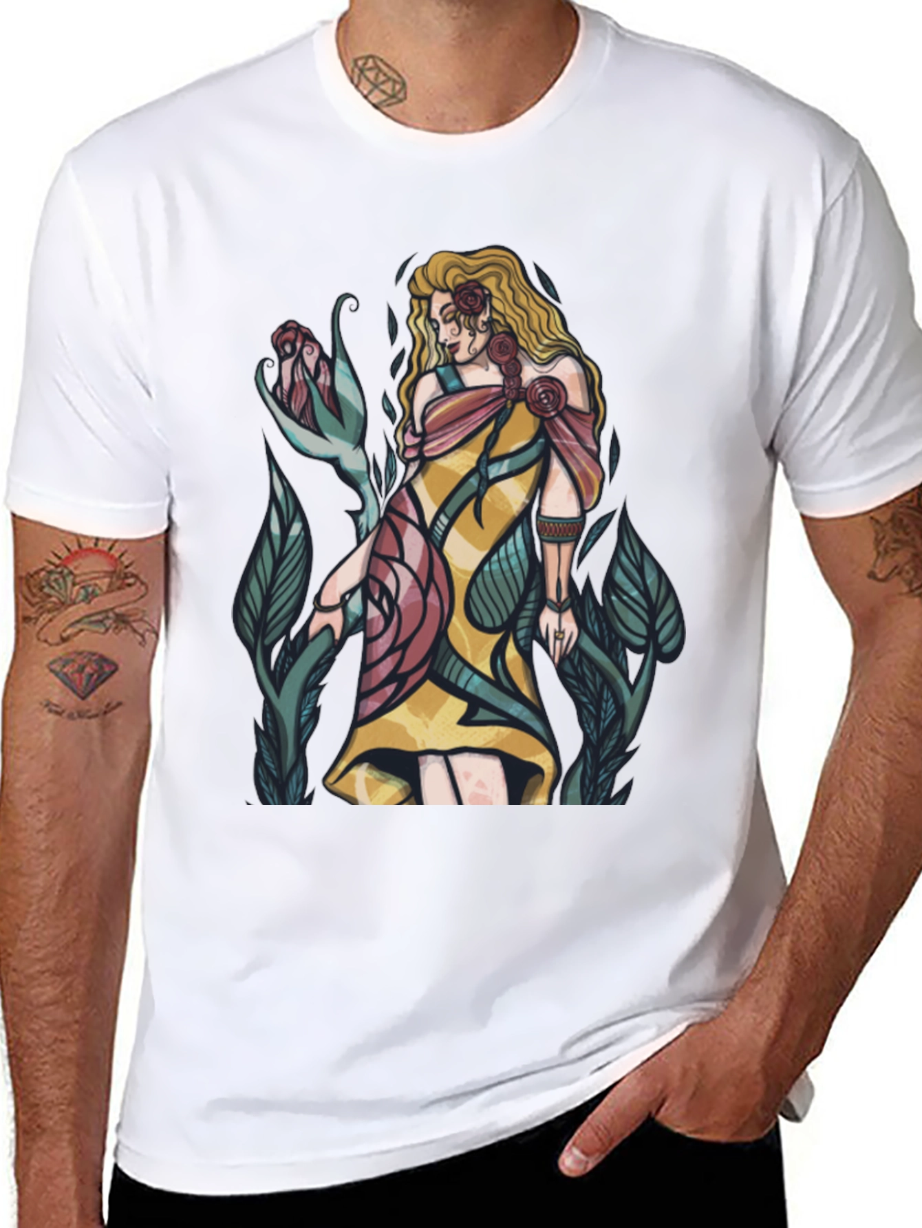 Rose Maiden Graphic T-Shirt - Elegant Floral Design
