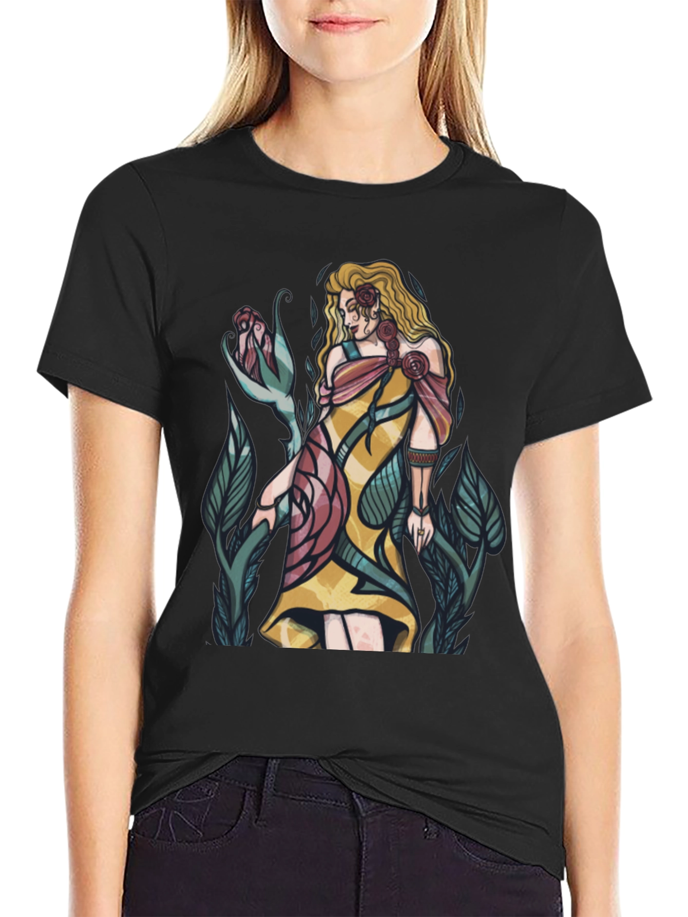 Rose Maiden Graphic T-Shirt - Elegant Floral Design