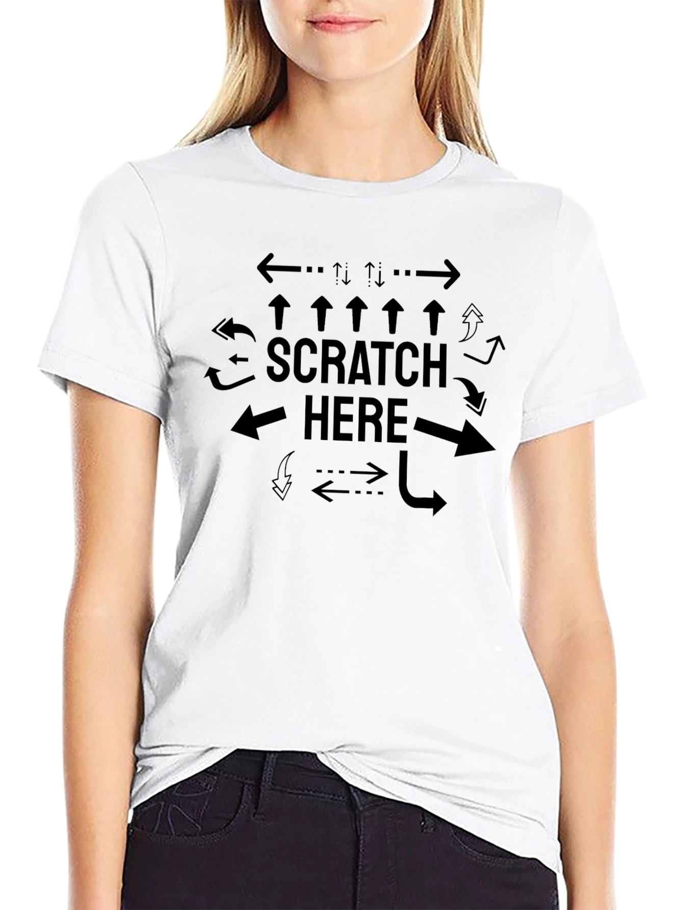Scratch Here Arrows Funny Graphic T-Shirt