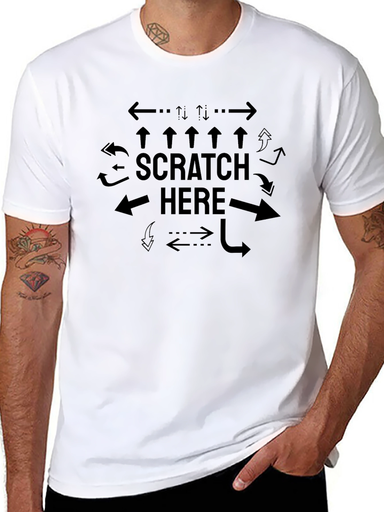 Scratch Here Arrows Funny Graphic T-Shirt