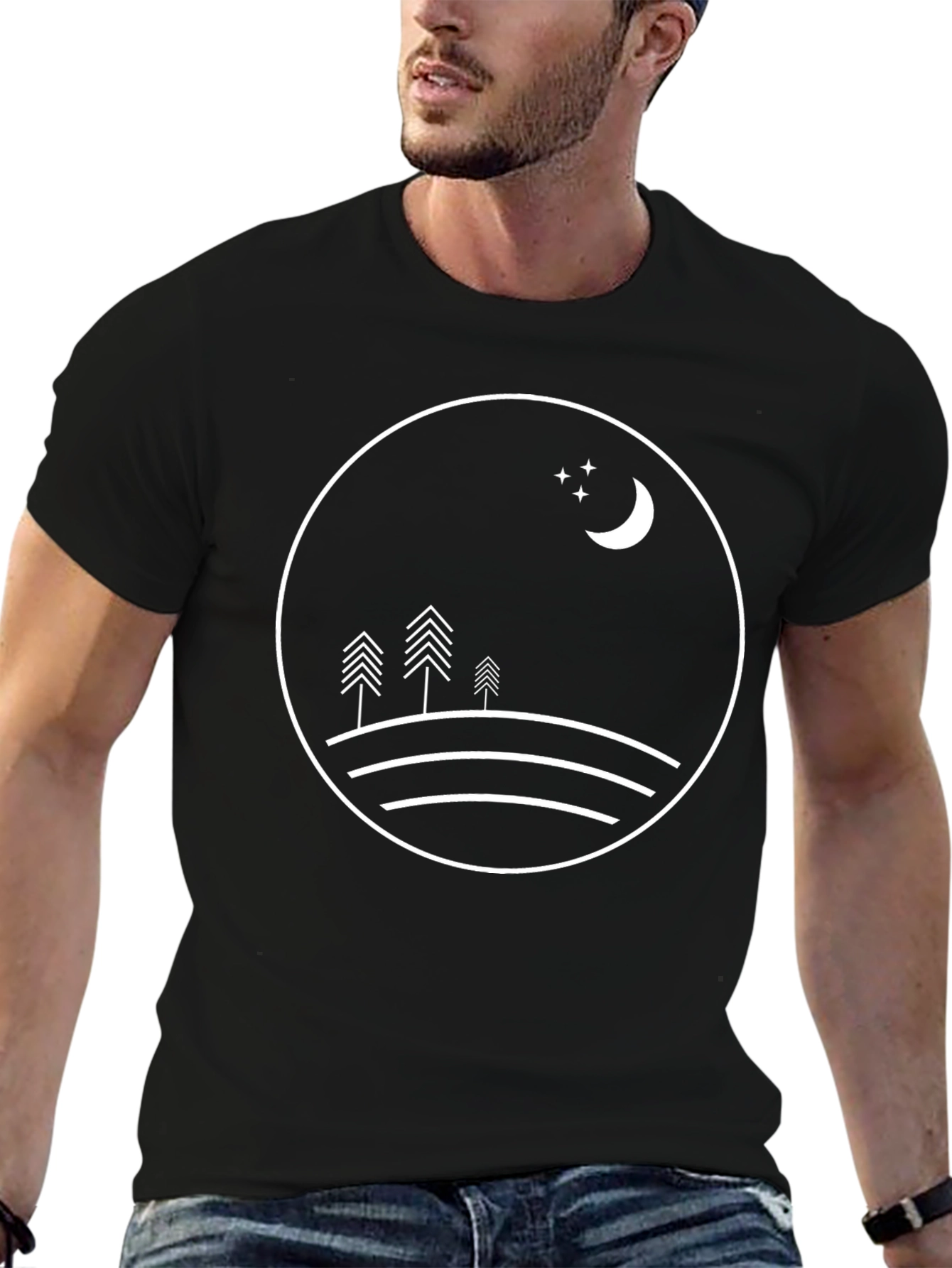 Minimalist Moon & Stars Graphic Black T-Shirt