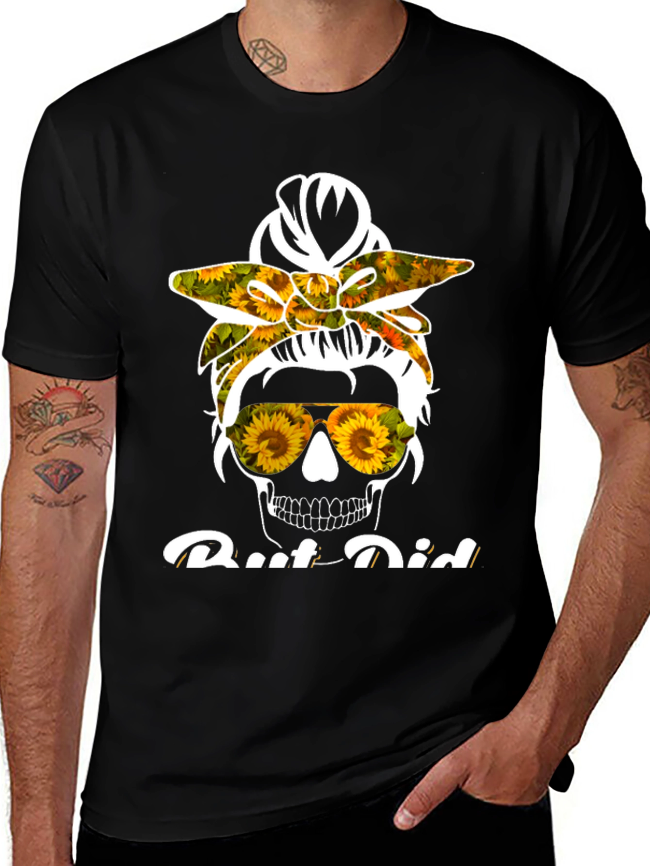 Sunflower Skull Messy Bun T-Shirt
