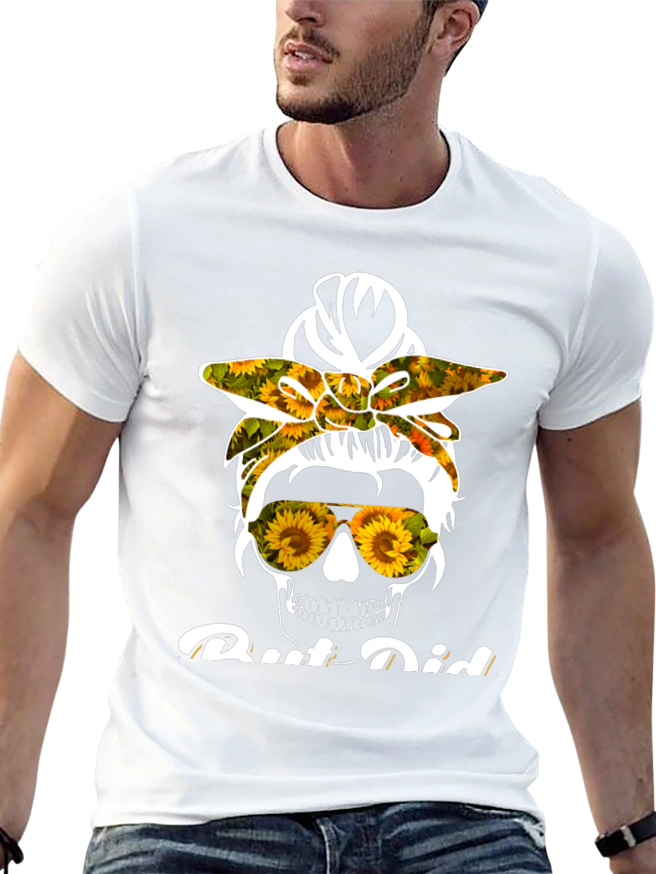 Sunflower Skull Messy Bun T-Shirt