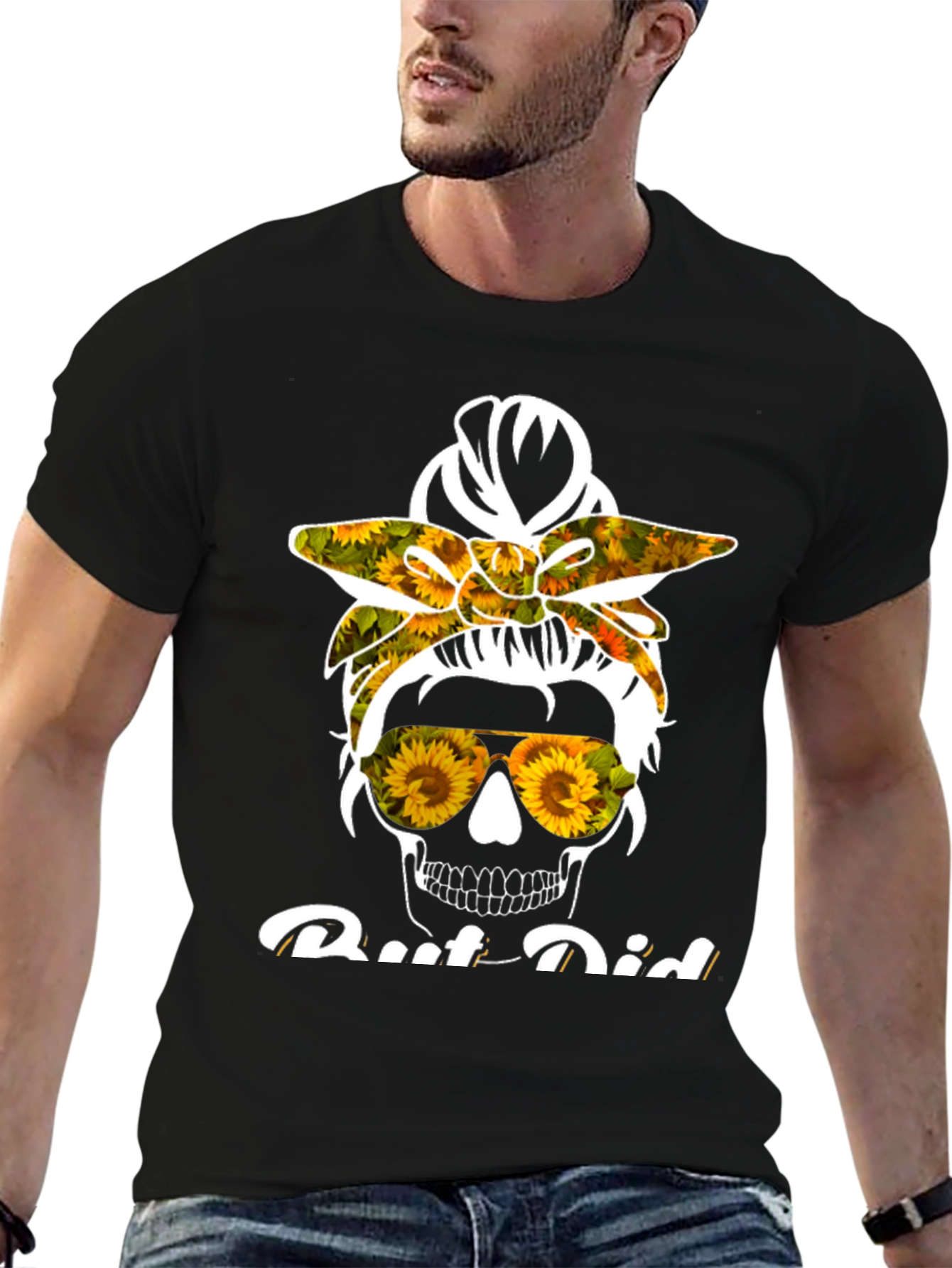 Sunflower Skull Messy Bun T-Shirt