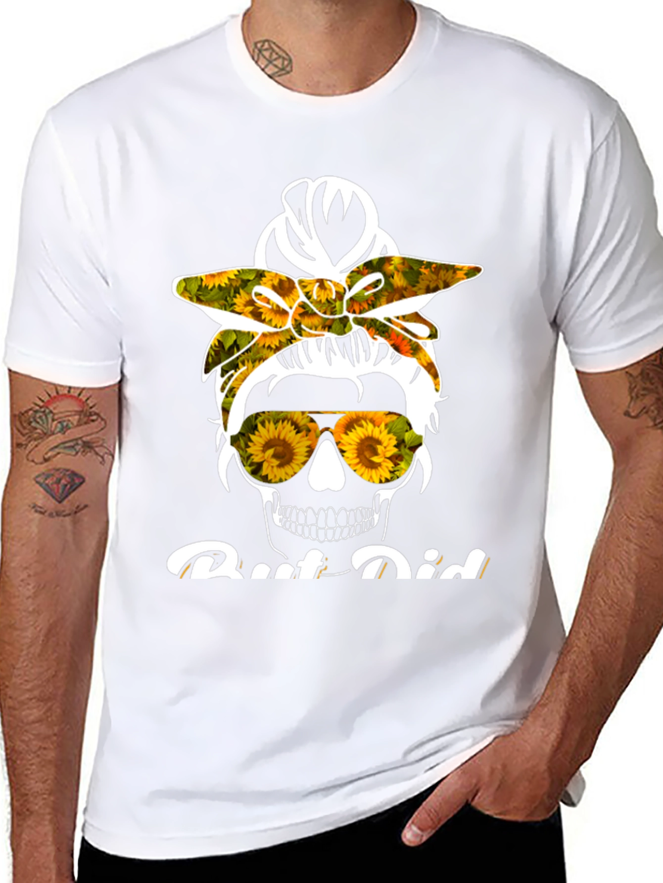Sunflower Skull Messy Bun T-Shirt