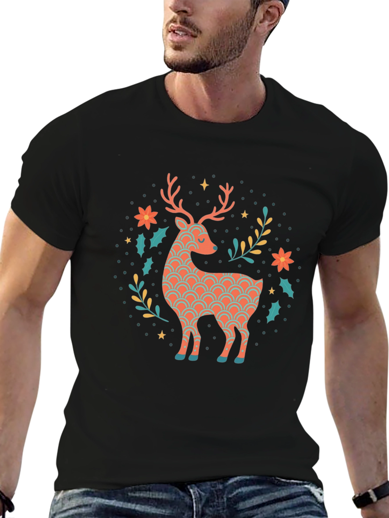 Festive Reindeer Graphic Tee - Black