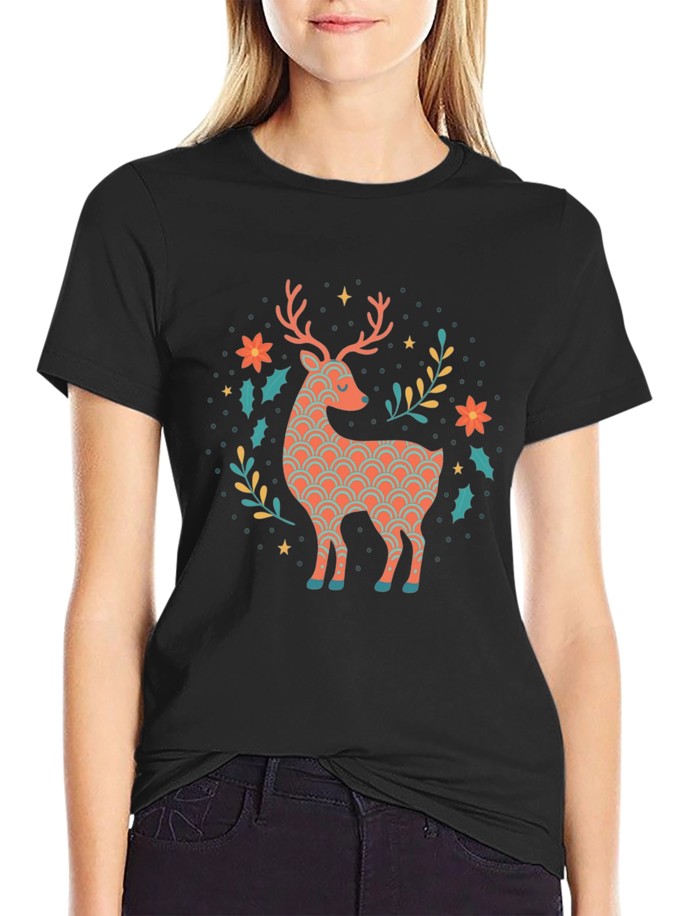 Festive Reindeer Graphic Tee - Black