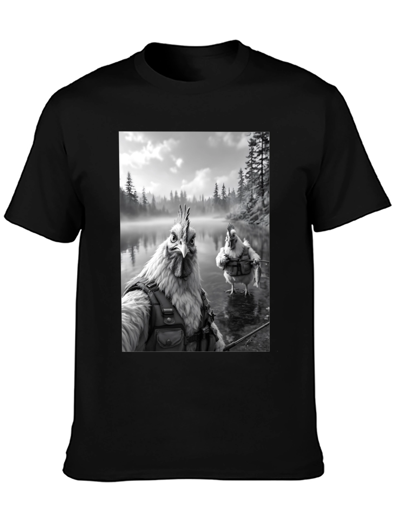 Humorous Chicken Fisherman Graphic Tee