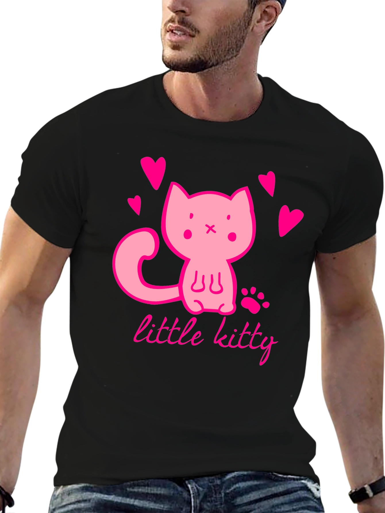Cute Pink Kitten Black T-Shirt