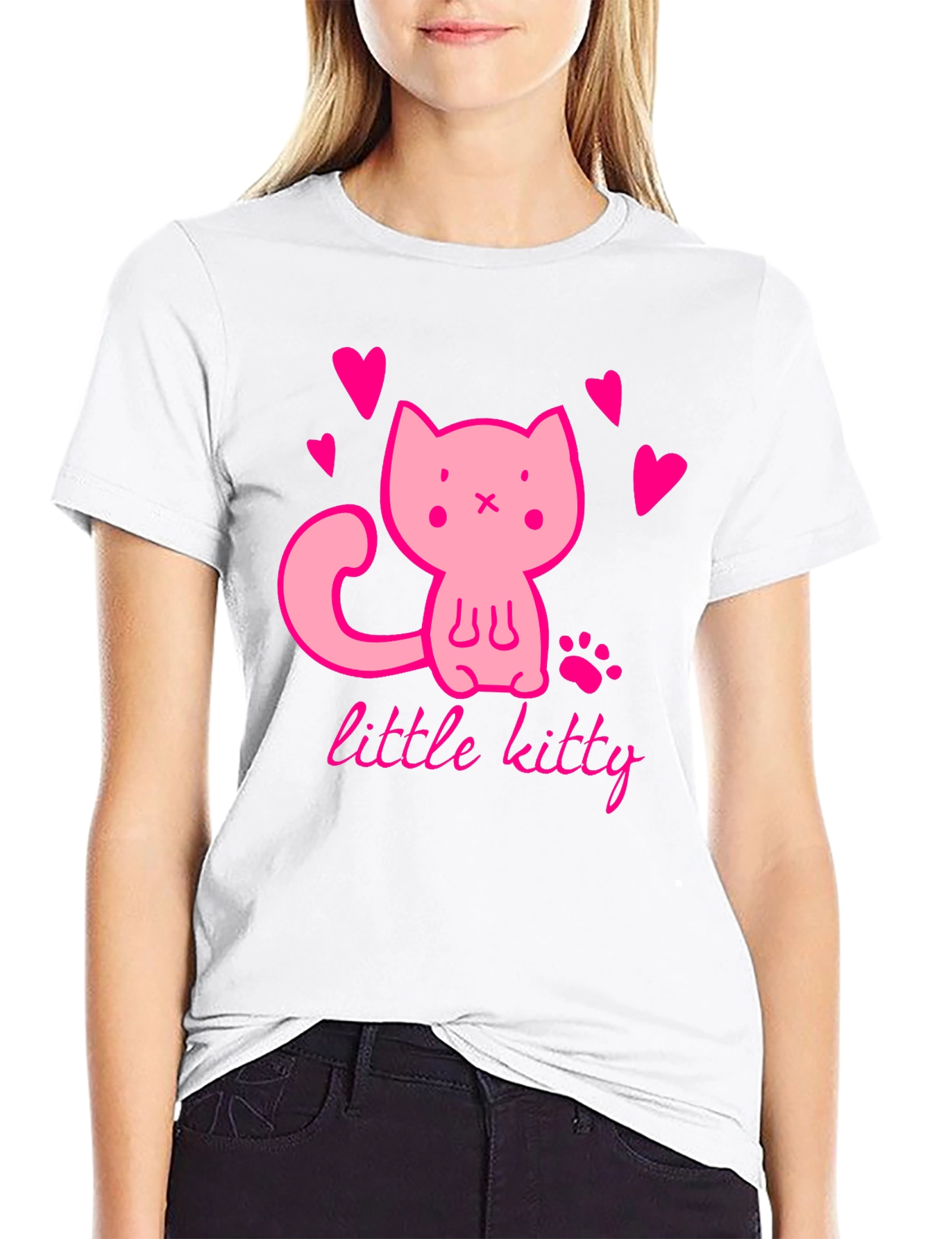 Cute Pink Kitten Black T-Shirt