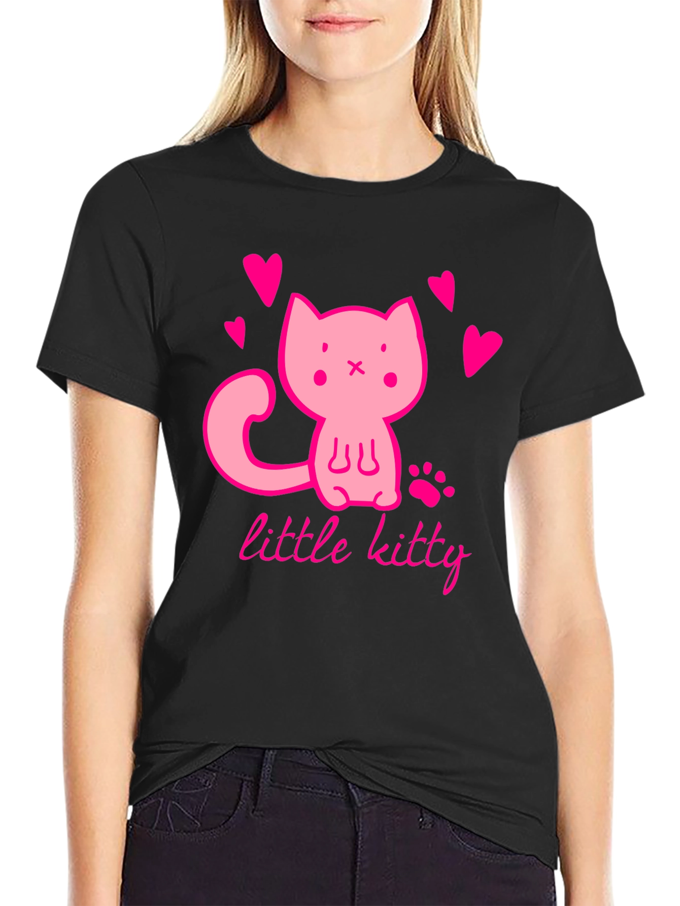 Cute Pink Kitten Black T-Shirt